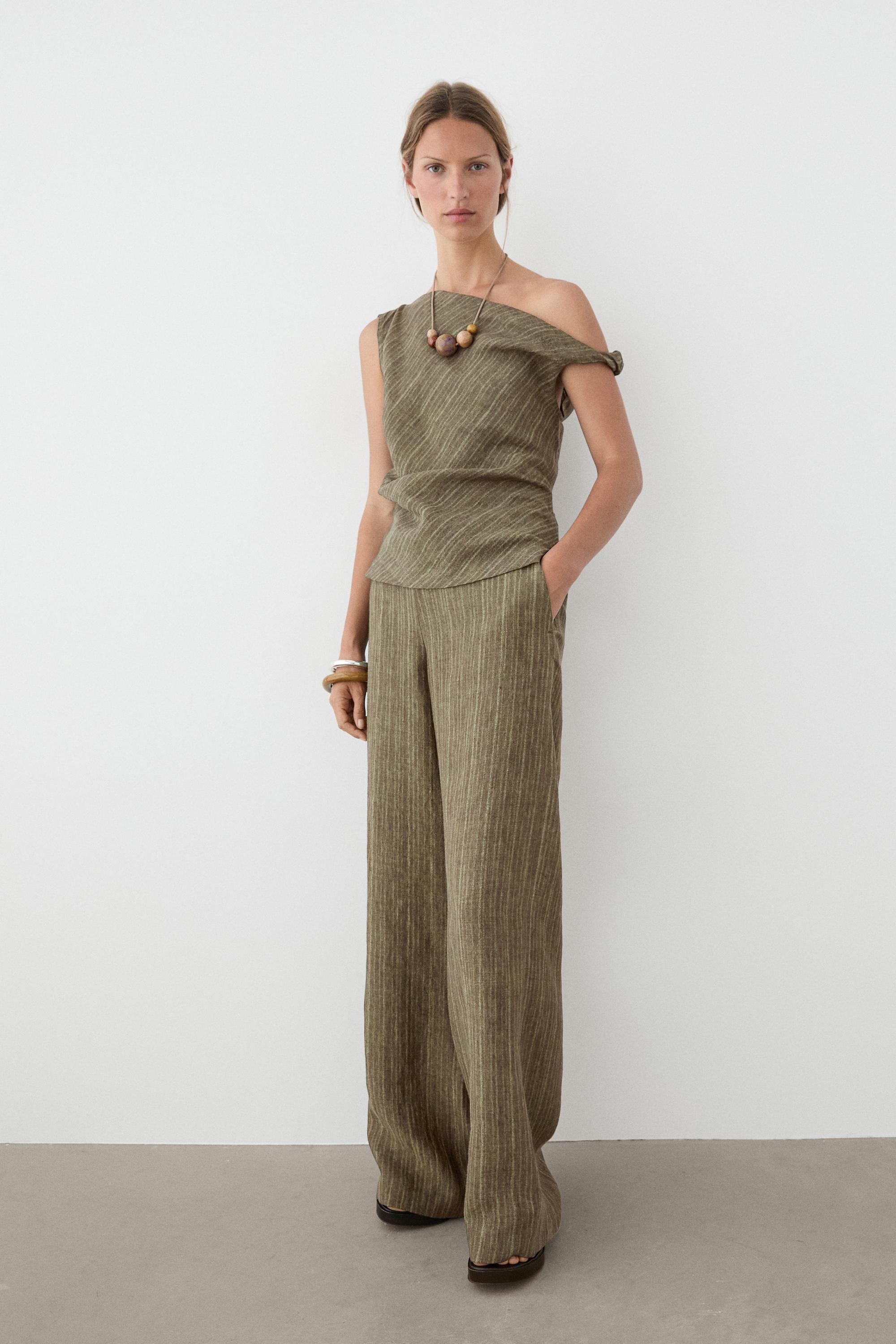Total look 100% linen asymmetric top — DARK KHAKI