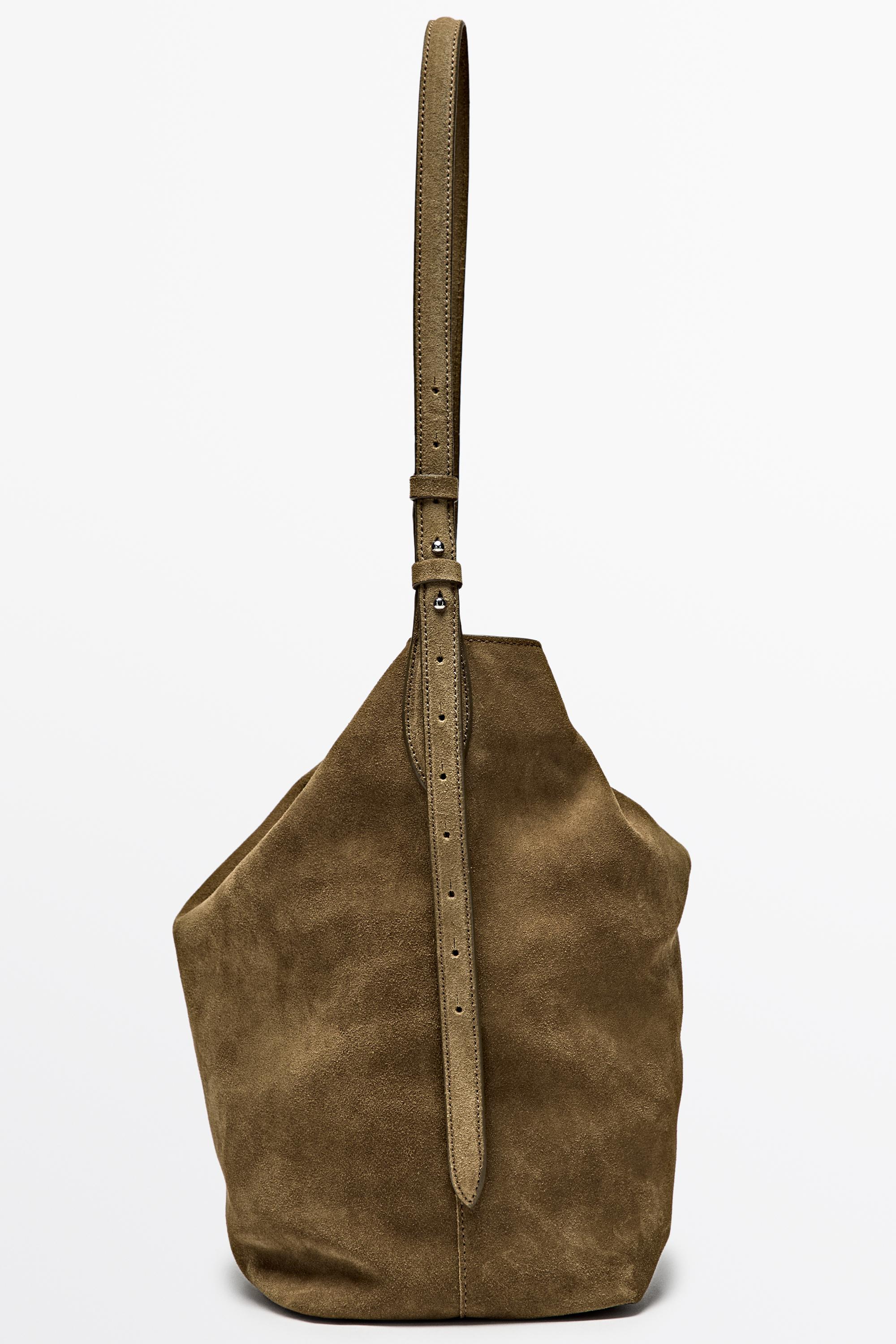 Distressed split suede leather bucket bag — KHAKI GREEN