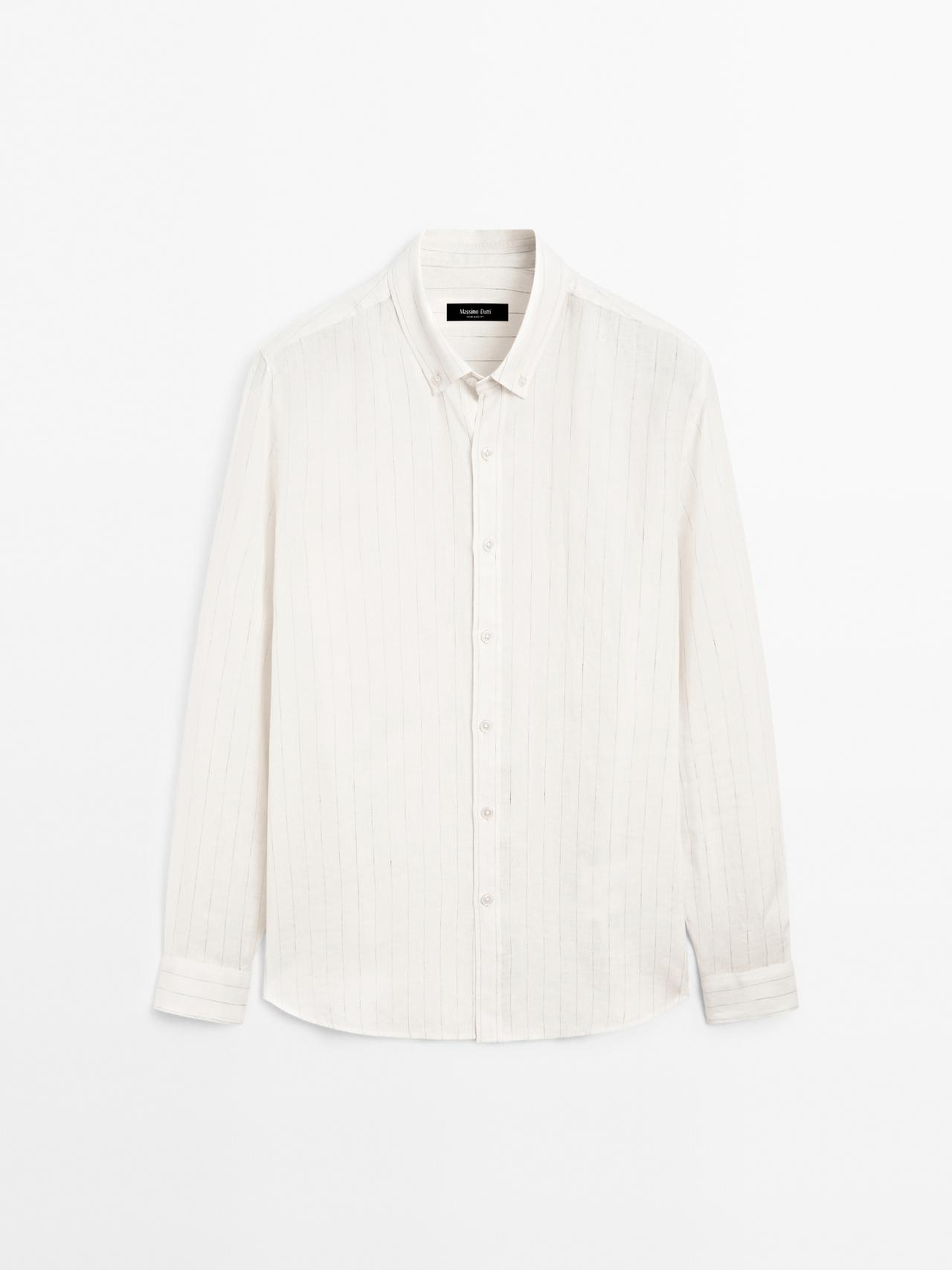 Massimo Dutti - Herre - Regular Fit, Nålestribet Skjorte - Hvid - M