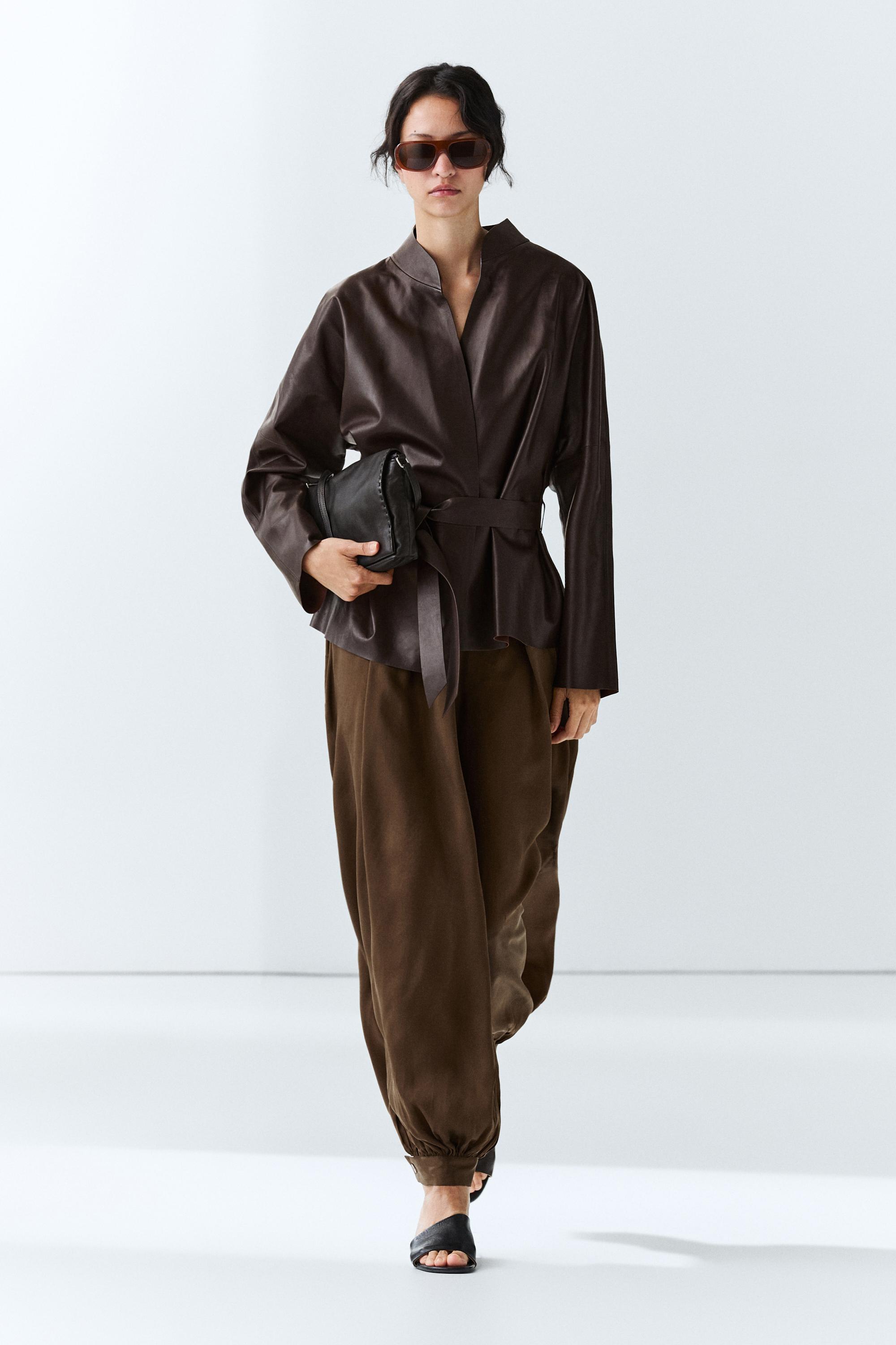 Wrap-front nappa leather jacket with tie detail — BROWN