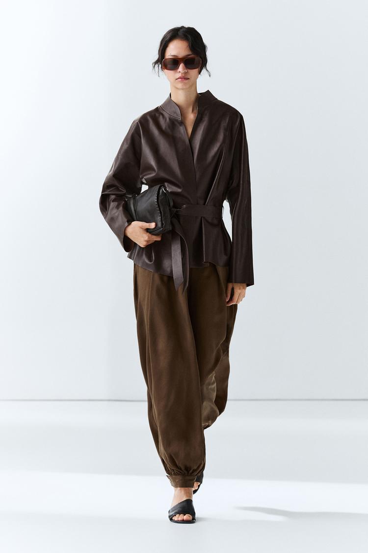 Wrap-front nappa leather jacket with tie detail — BROWN
