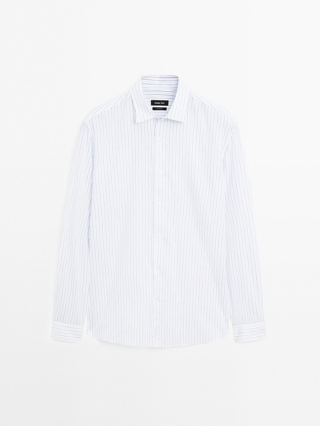 Massimo Dutti - Herre - Stribet, Regular Fit Skjorte I Bomuldsblanding - Hvid - M