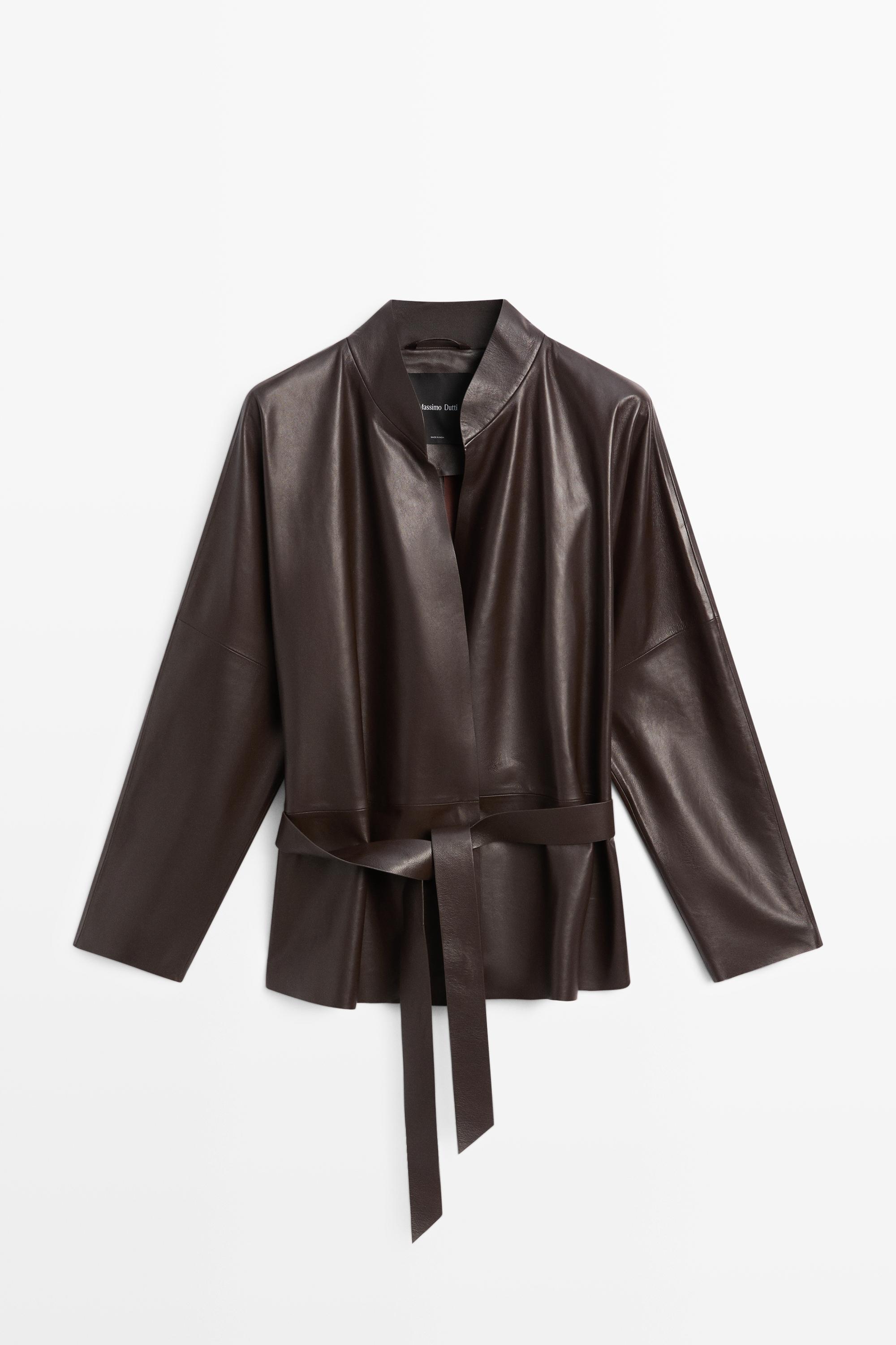 Wrap-front nappa leather jacket with tie detail — BROWN