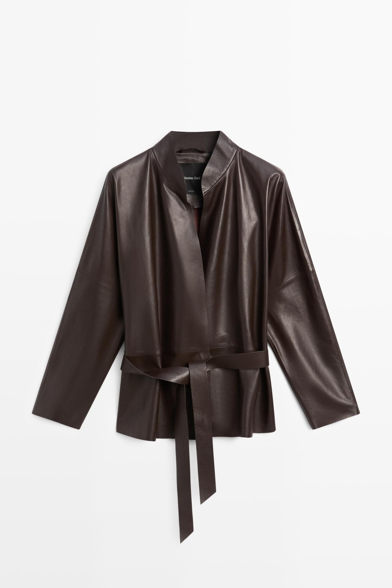 Wrap-front nappa leather jacket with tie detail — BROWN