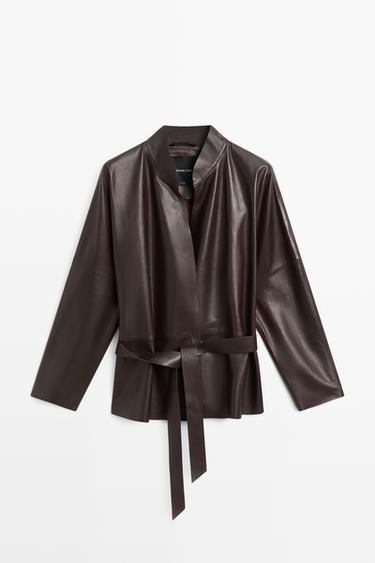 Wrap-front nappa leather jacket with tie detail — BROWN 2