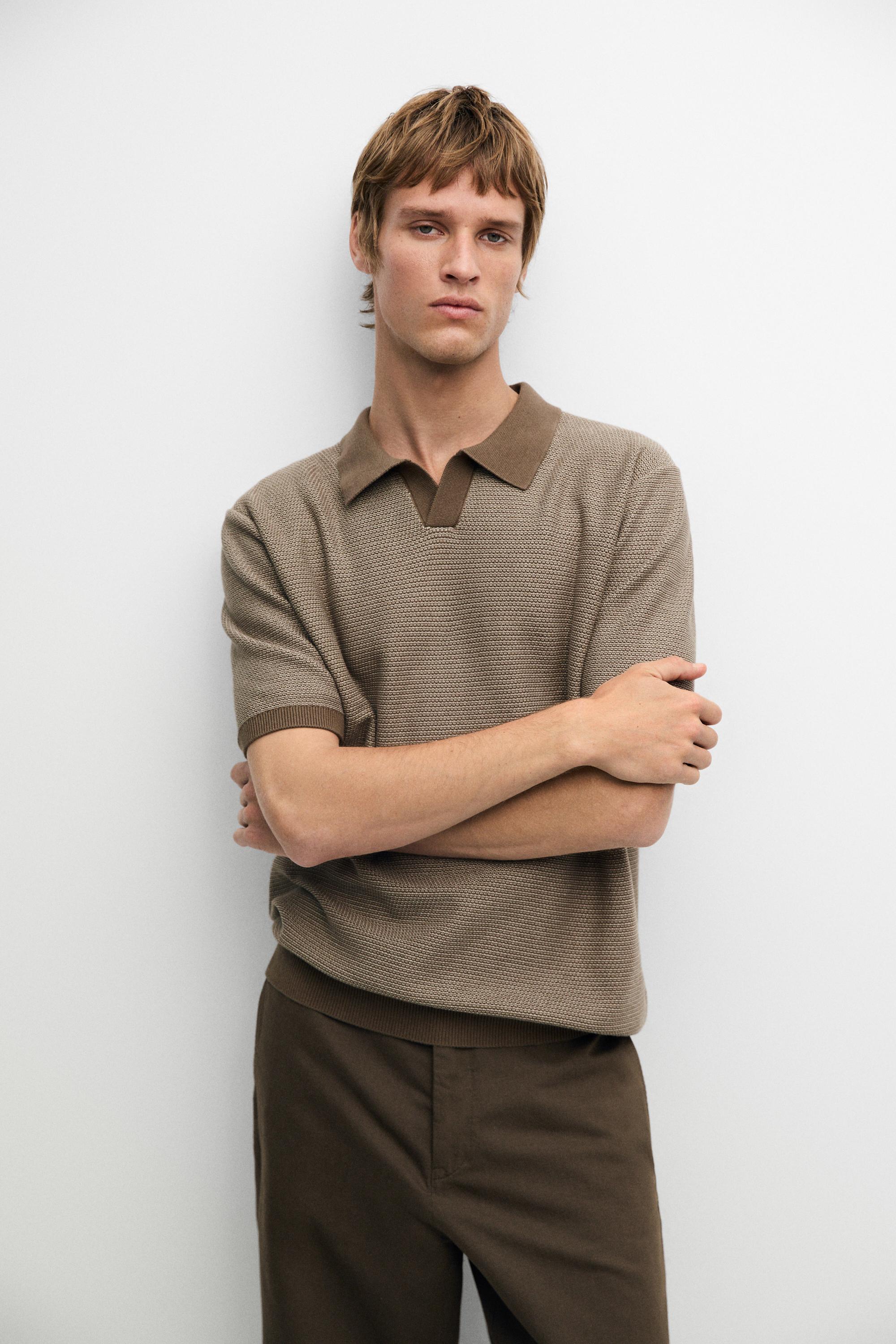 100% cotton contrast knit polo sweater — KHAKI