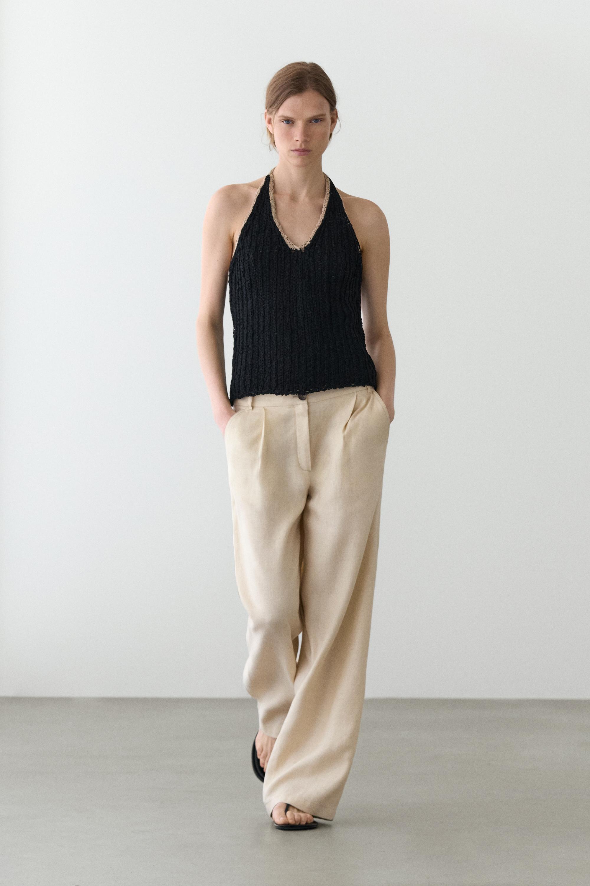 100% linen wide-leg elasticated trousers — SAND