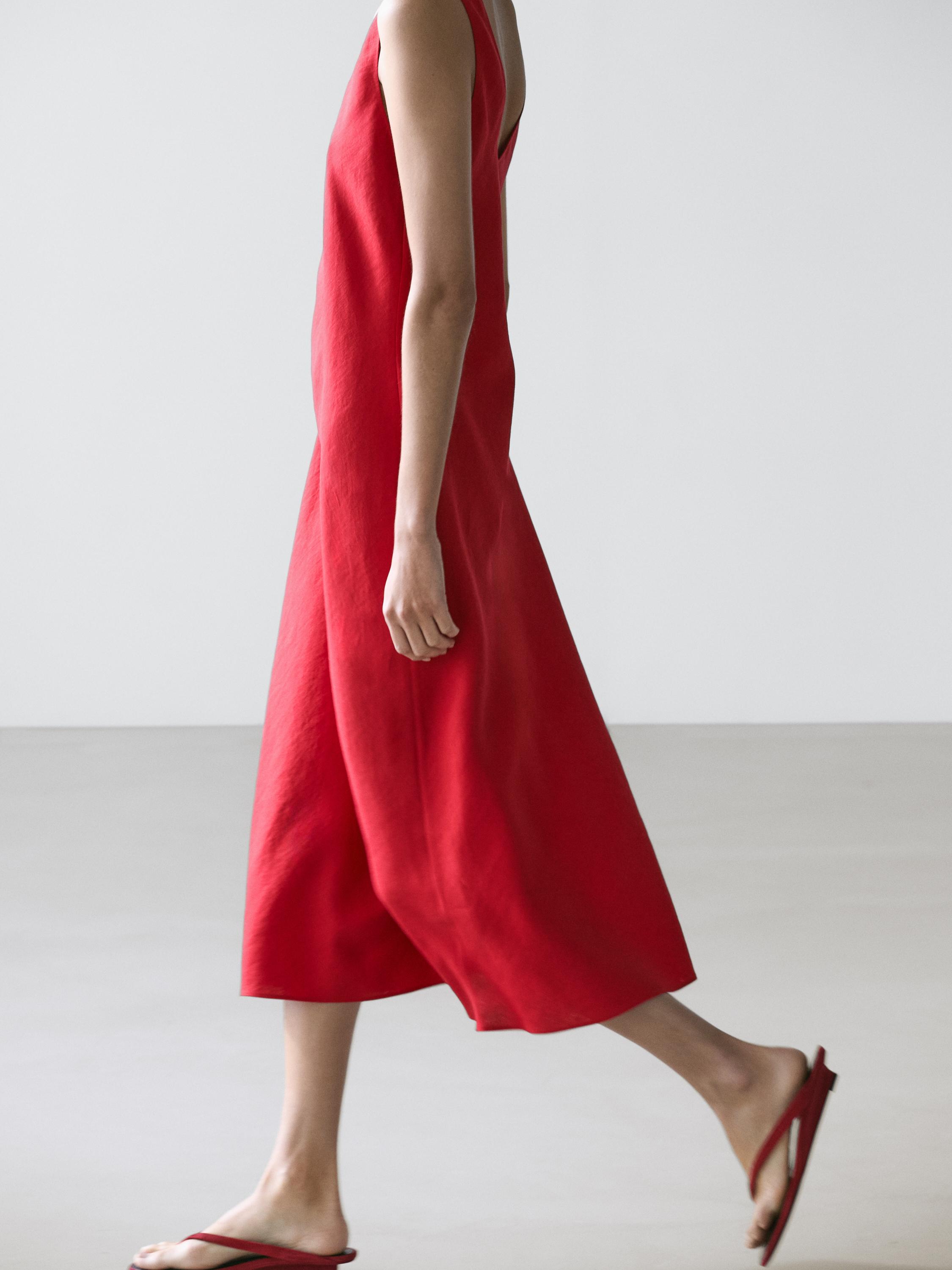 100% linen strappy midi dress - RED