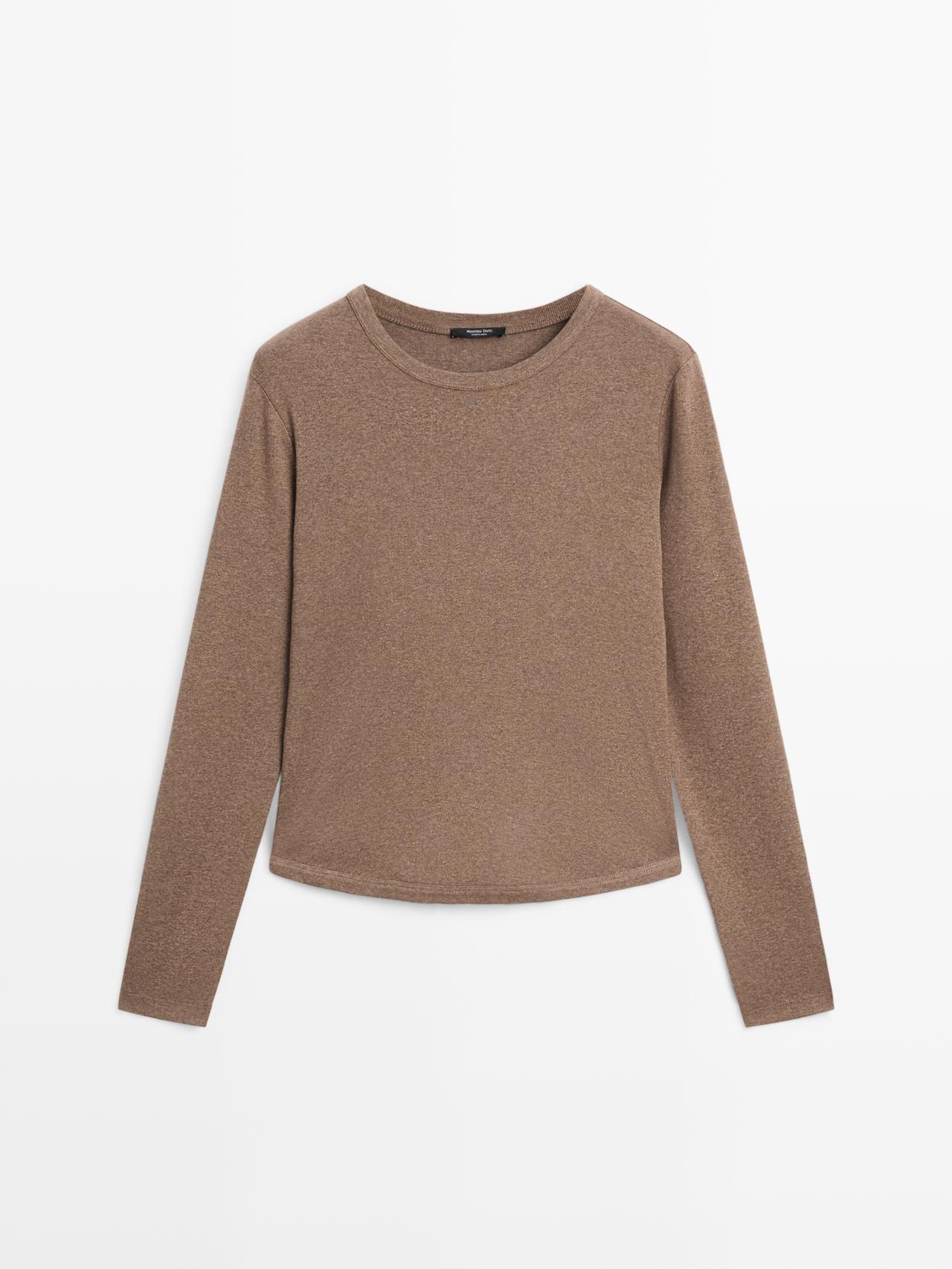 Massimo Dutti - Dames - T-Shirt Met Lange Mouw En Afgeronde Zoom - Mink - Xs