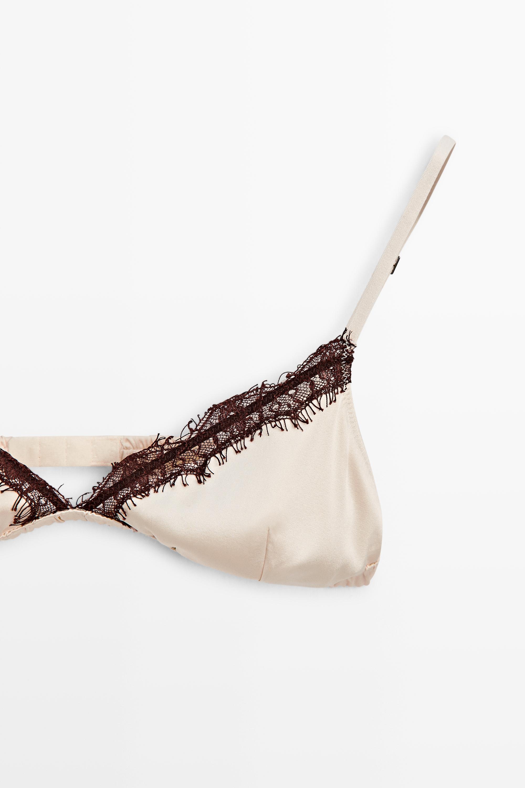 Silk blend lace triangle bra — BROWN