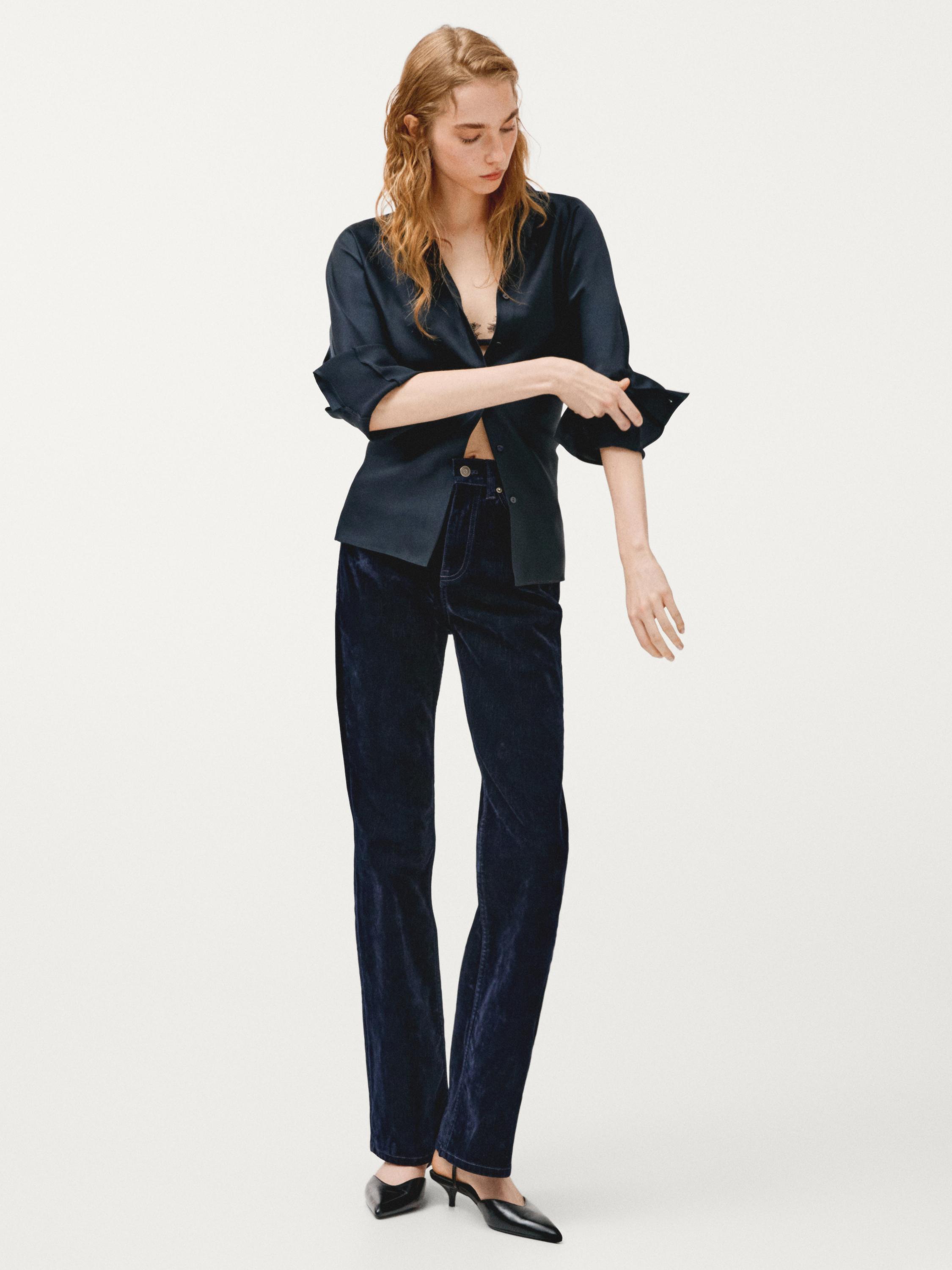 High-waist boot-cut flocked jeans — Misty blue