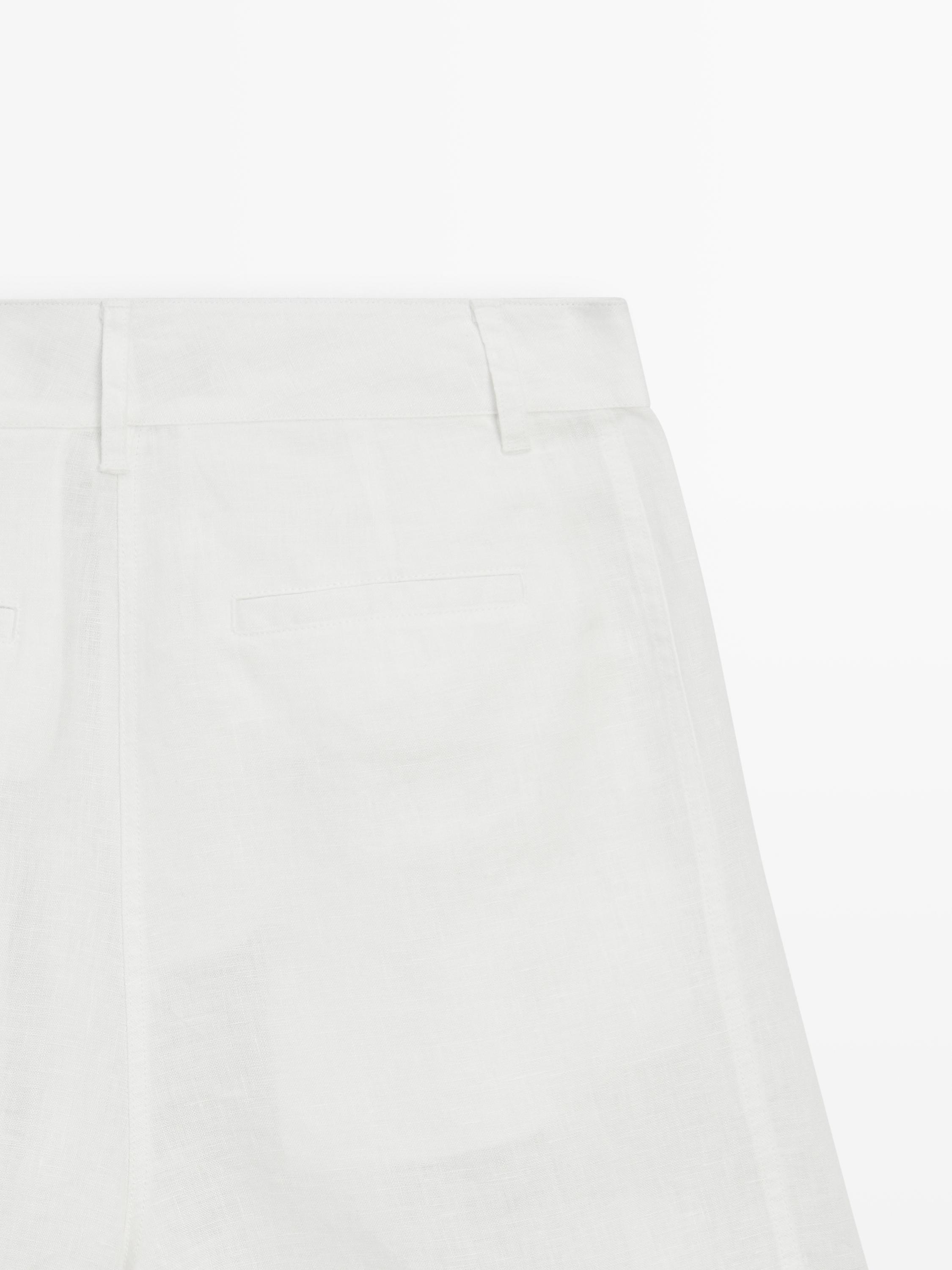 100% linen long Bermuda shorts with darts — WHITE