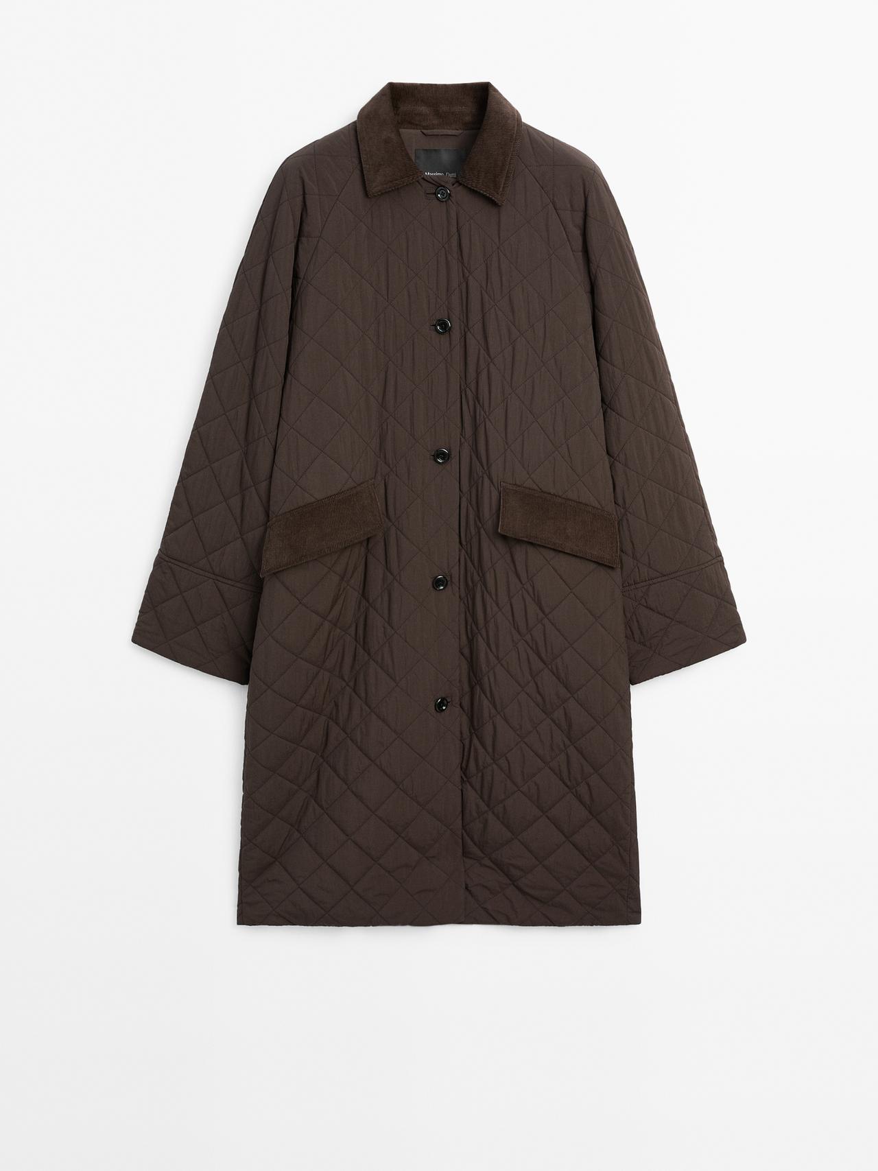 Massimo Dutti - Dames - Lange Waterafstotende Jas Met Corduroy Detail - Chocolade - Xs