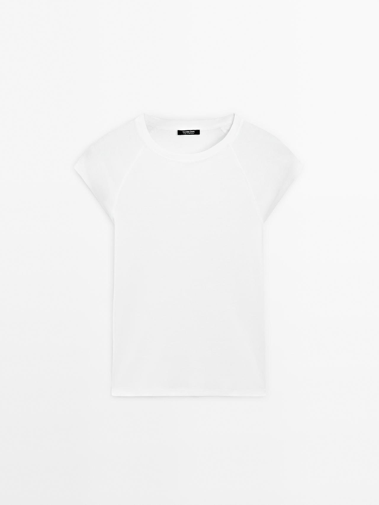 Massimo Dutti - Dame - T-Shirt I Bomuld Med Korte Raglanærmer - Råhvid - M