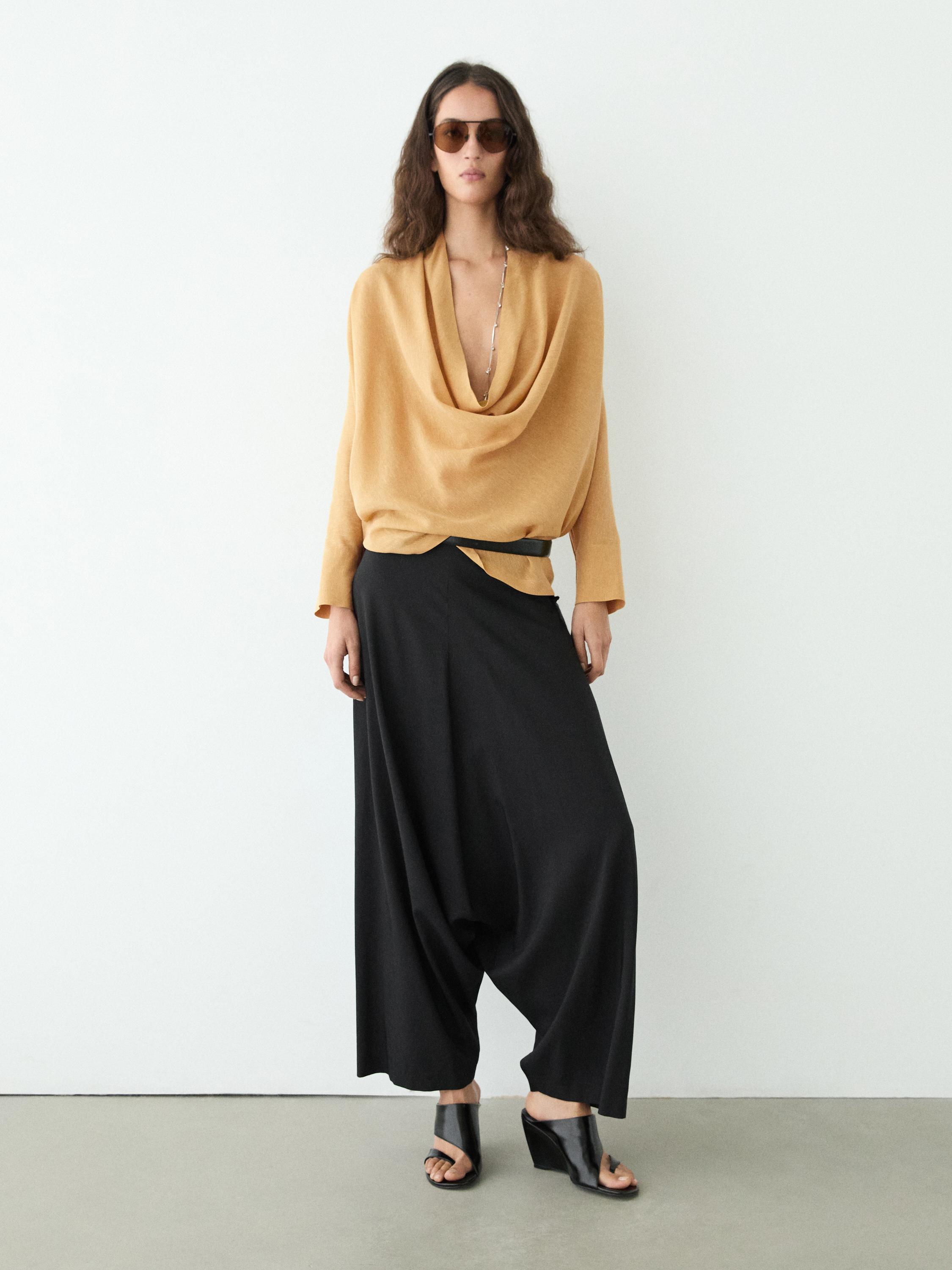 Flowing blouse with draped neckline — MUSTARD YELLOW