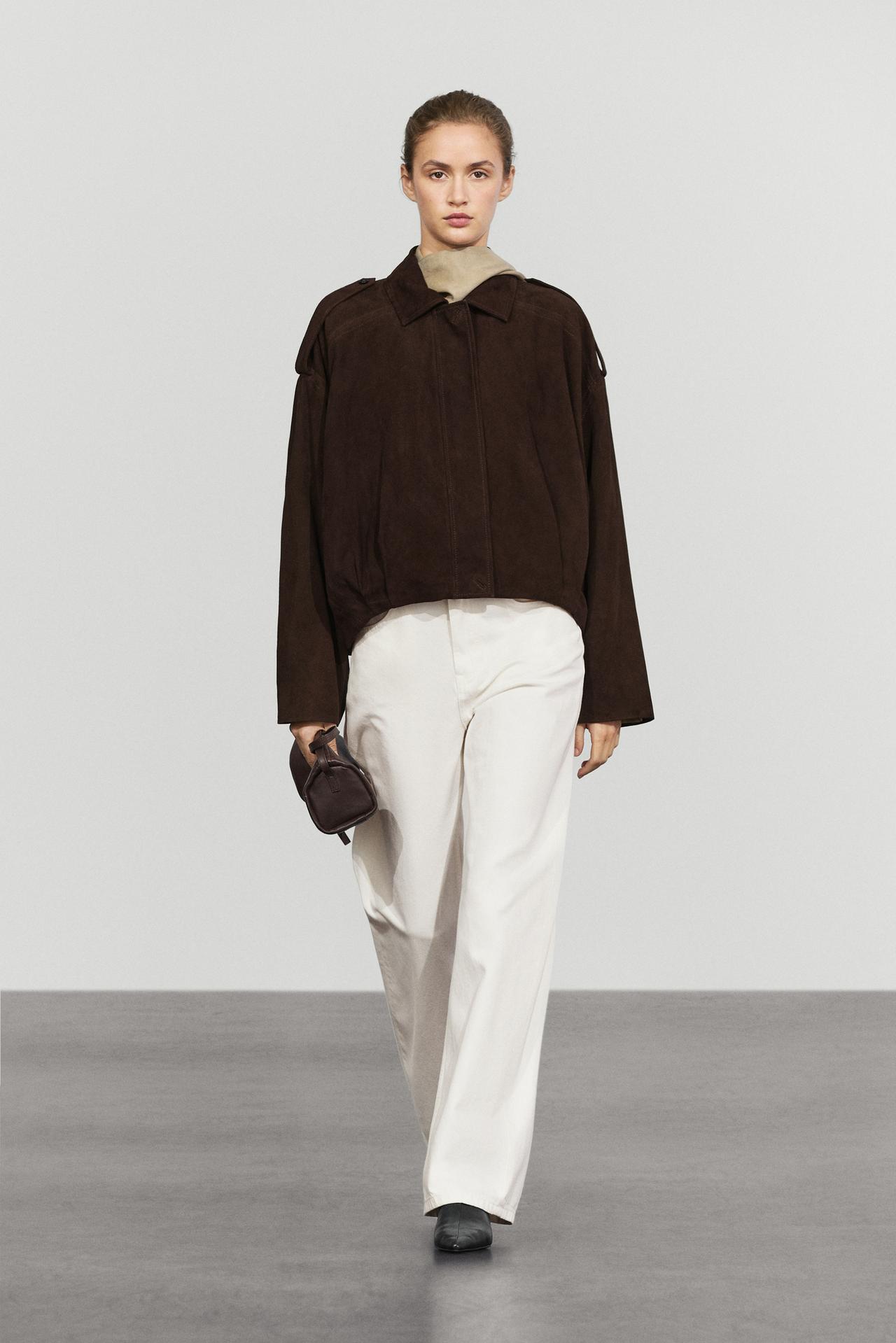 Suede bomber jacket with pleat detail — BROWN