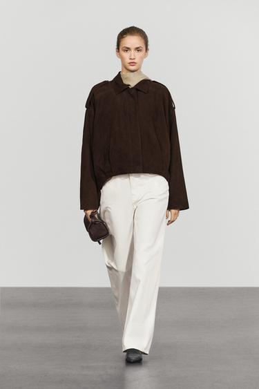 Suede bomber jacket with pleat detail — BROWN 1