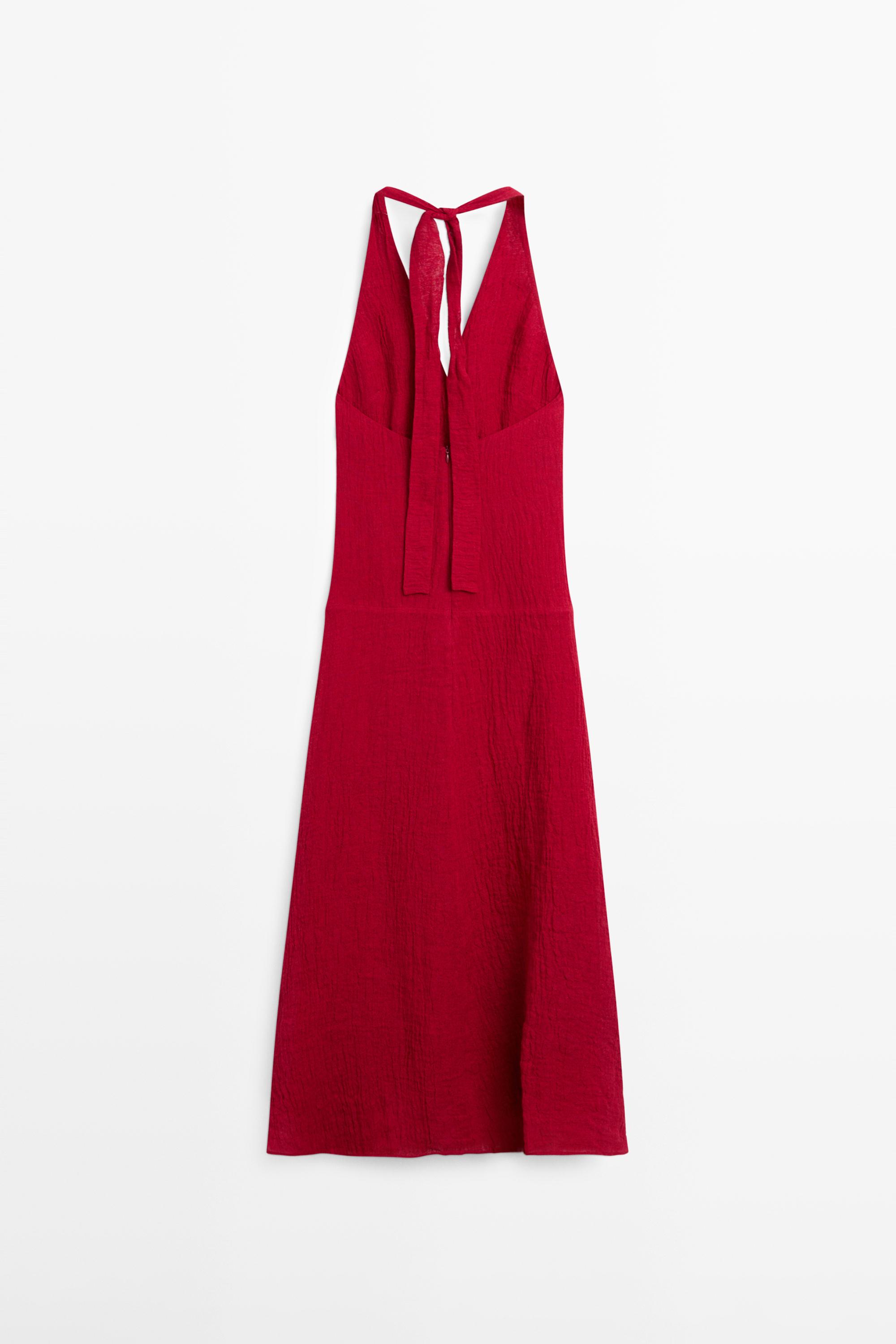 Long 100% linen dress with neckline detail — RED