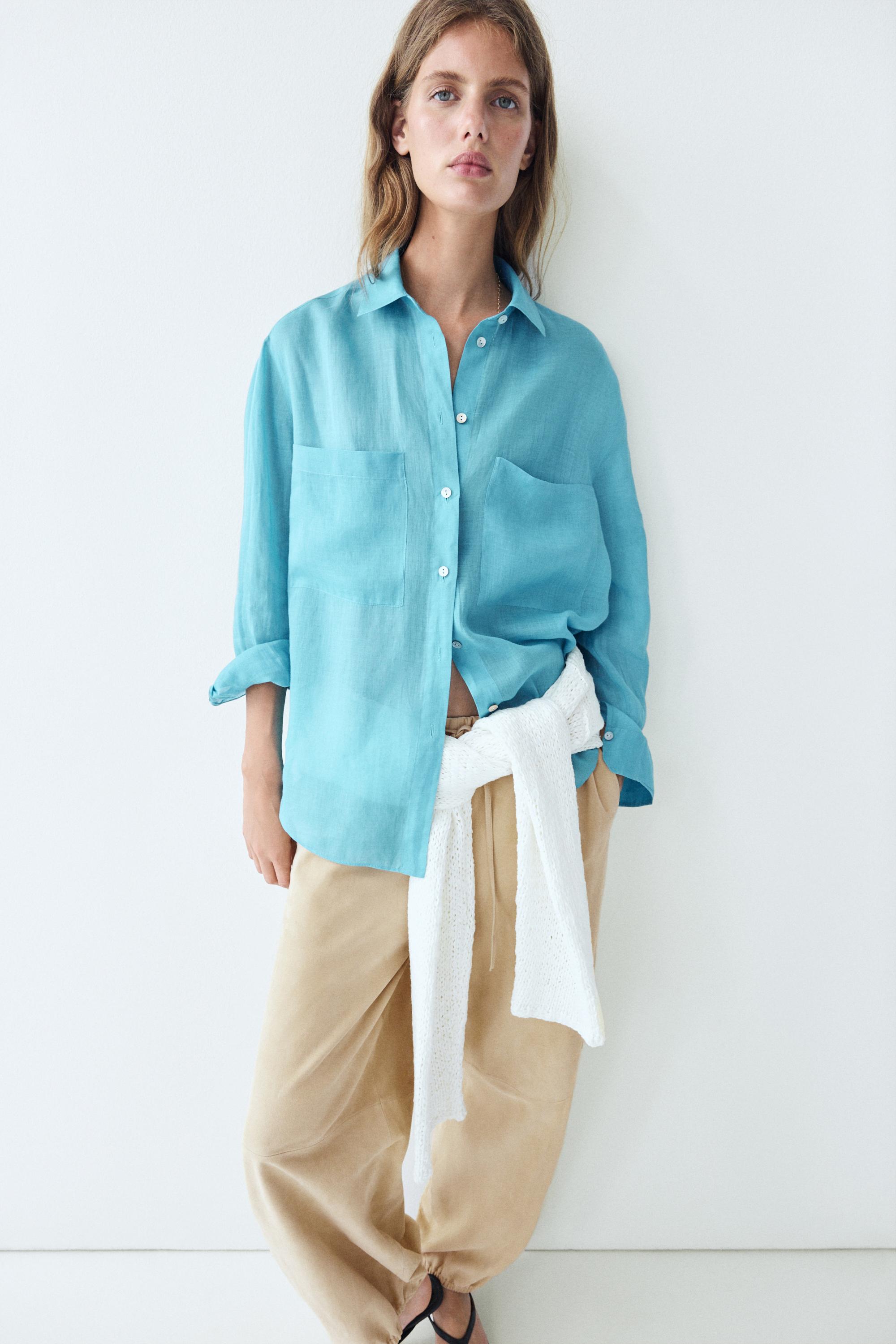 100% ramie flowing pocket shirt — TURQUOISE