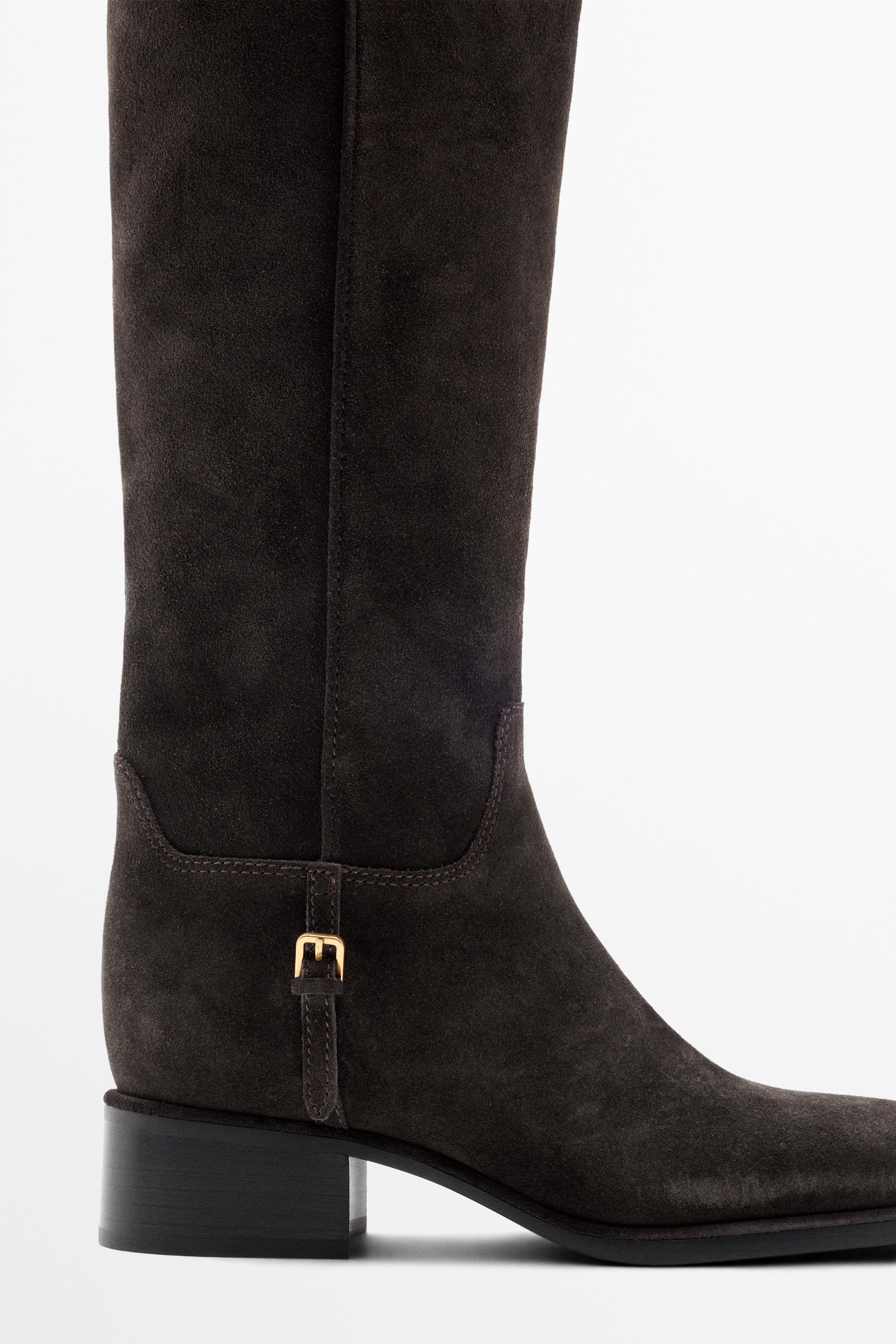 Split suede leather flat boots with side buckle — BROWN