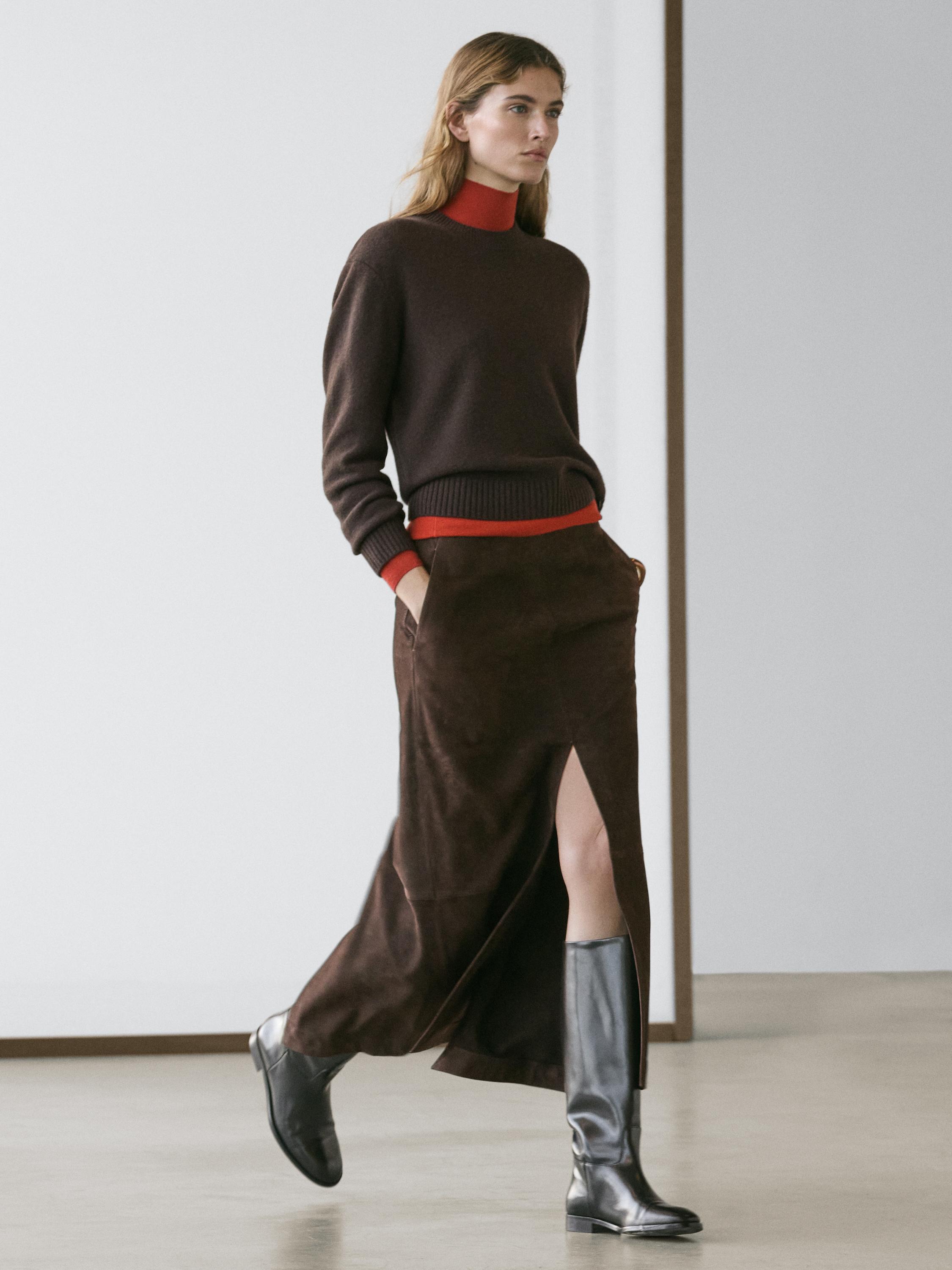 Düz nubuk deri midi etek