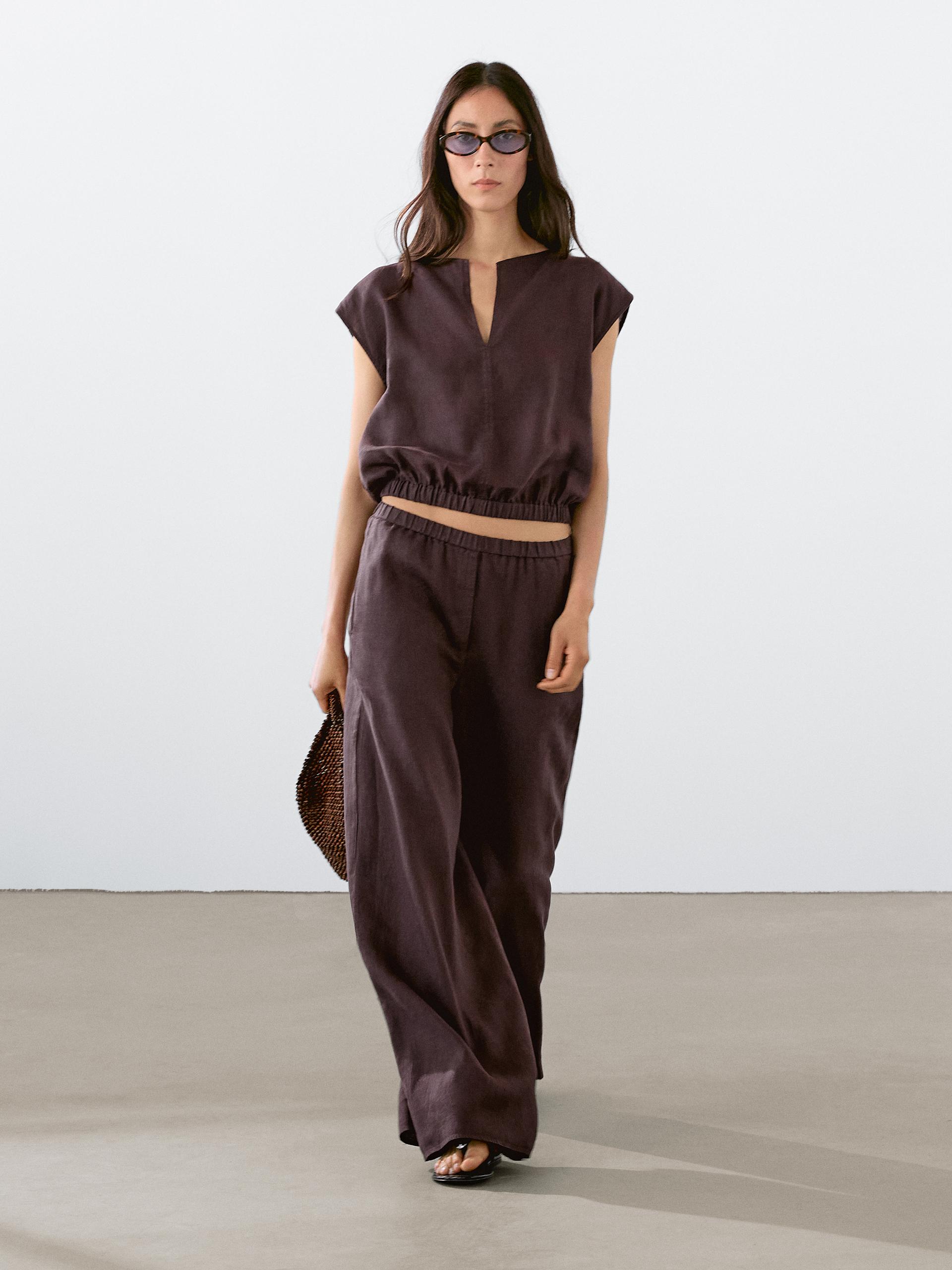 Massimo Dutti Linen Blouse With Elasticated Hem In Brown