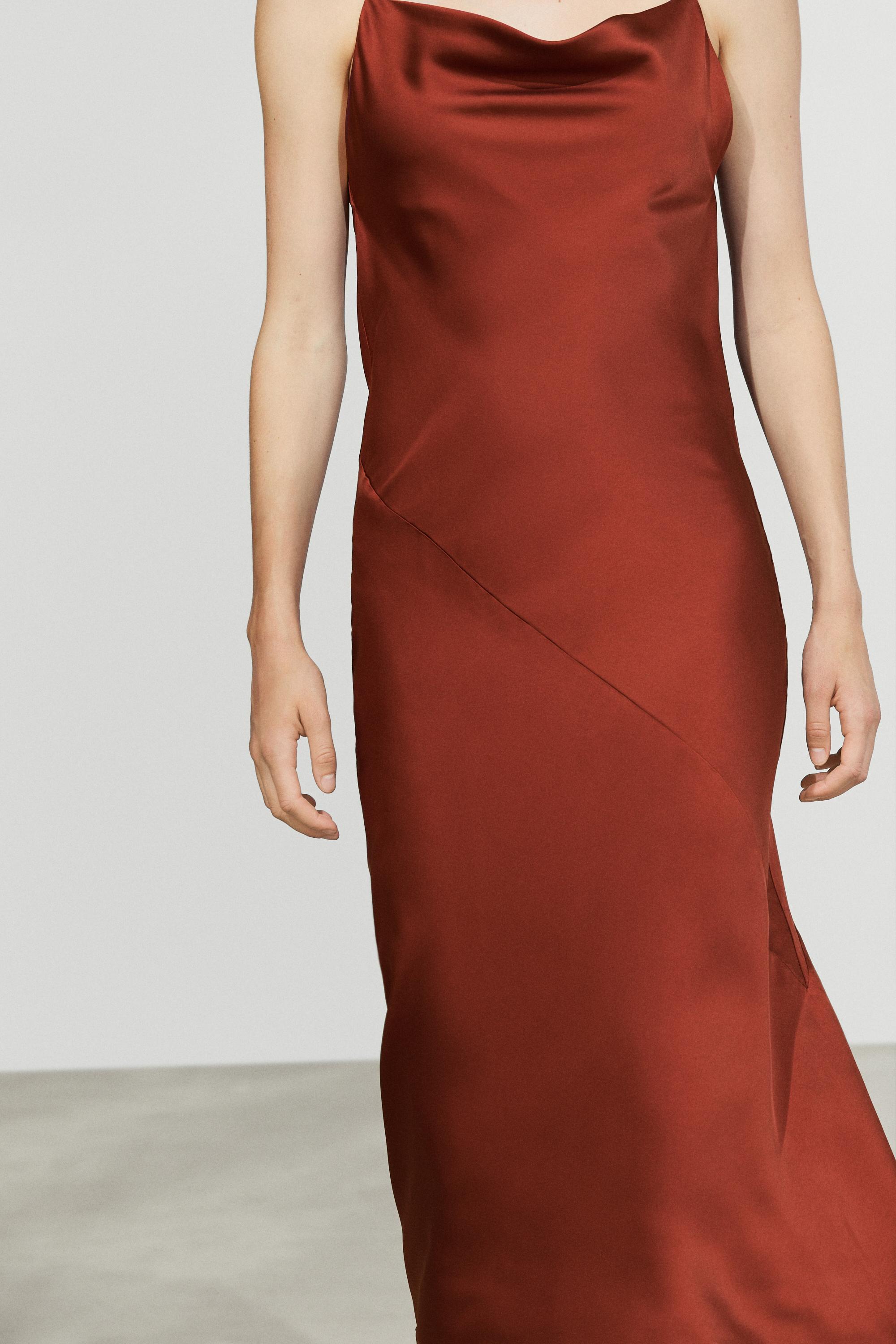 Flowing satin finish midi dress — BURNT ORANGE