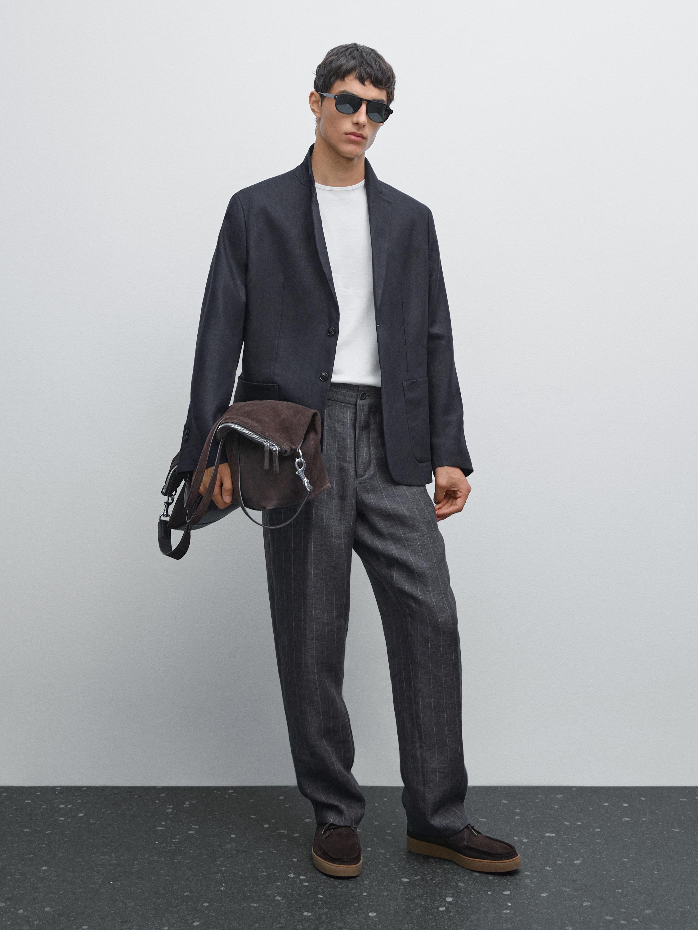 Stribede bukser i 100 % hør med falmet look