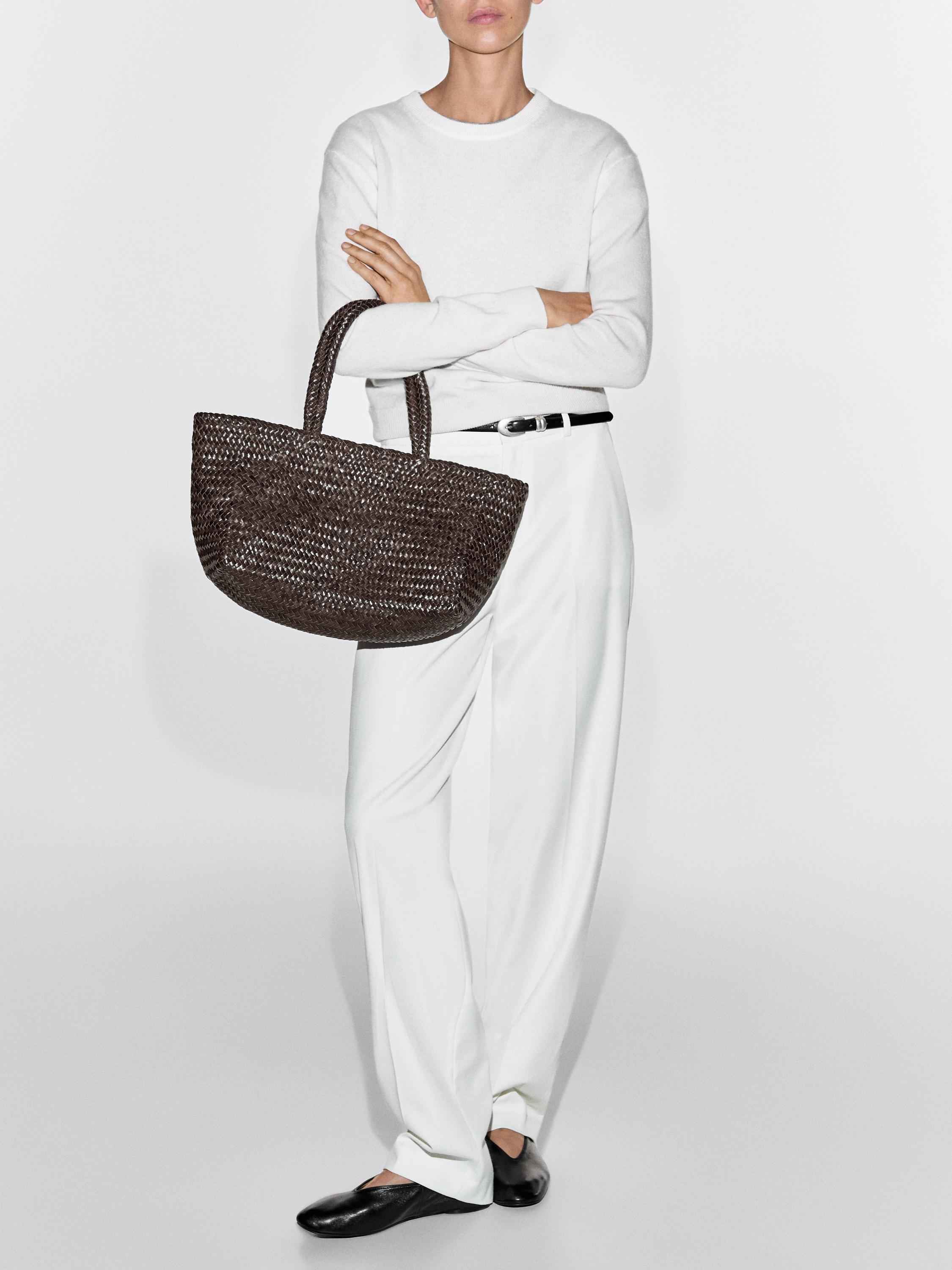 Medium braided nappa leather tote bag — BROWN
