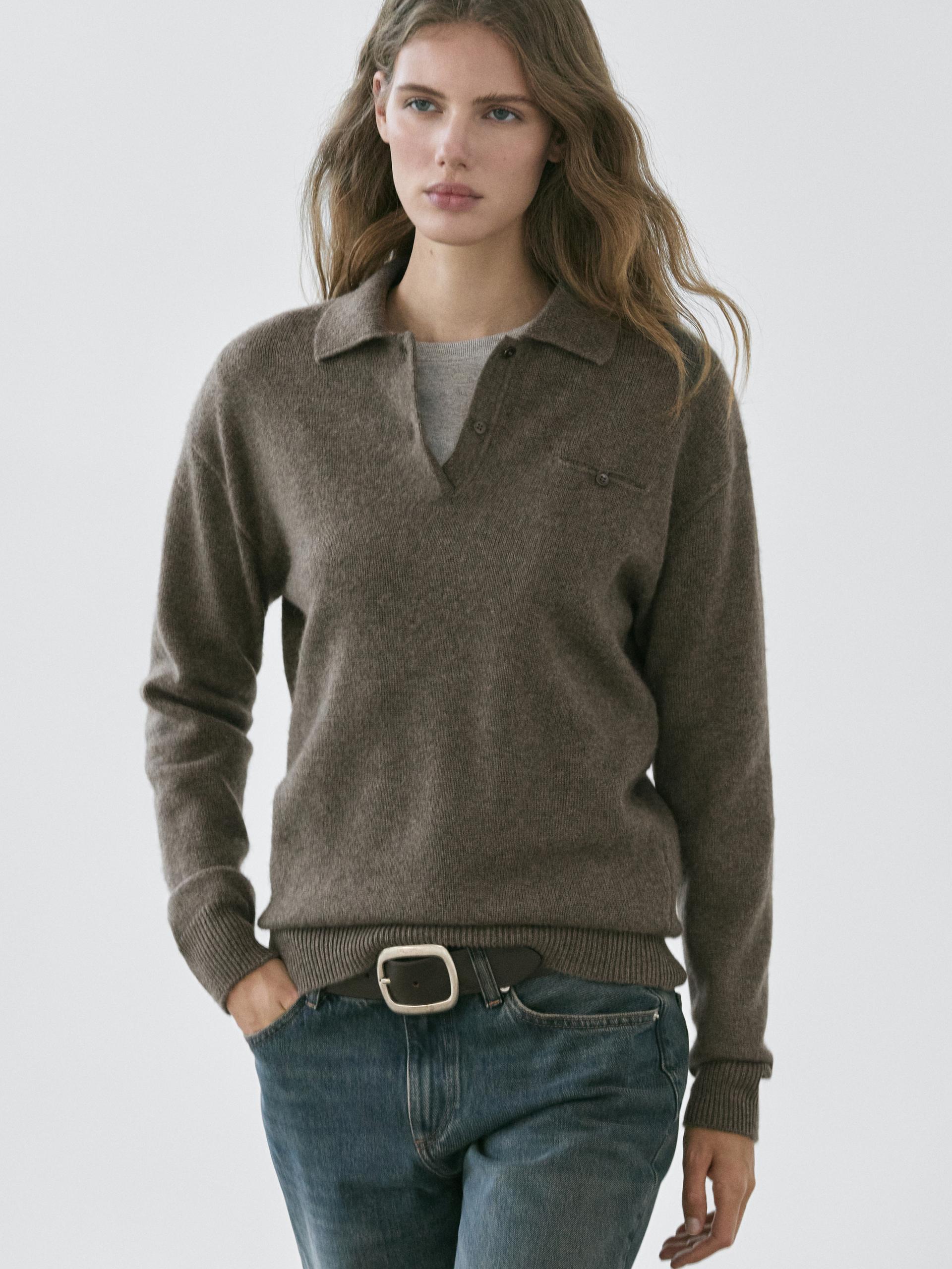 Jersey Detalle Bolsillo Cashmere - Marrón Topo - M - Massimo Dutti - Mujer