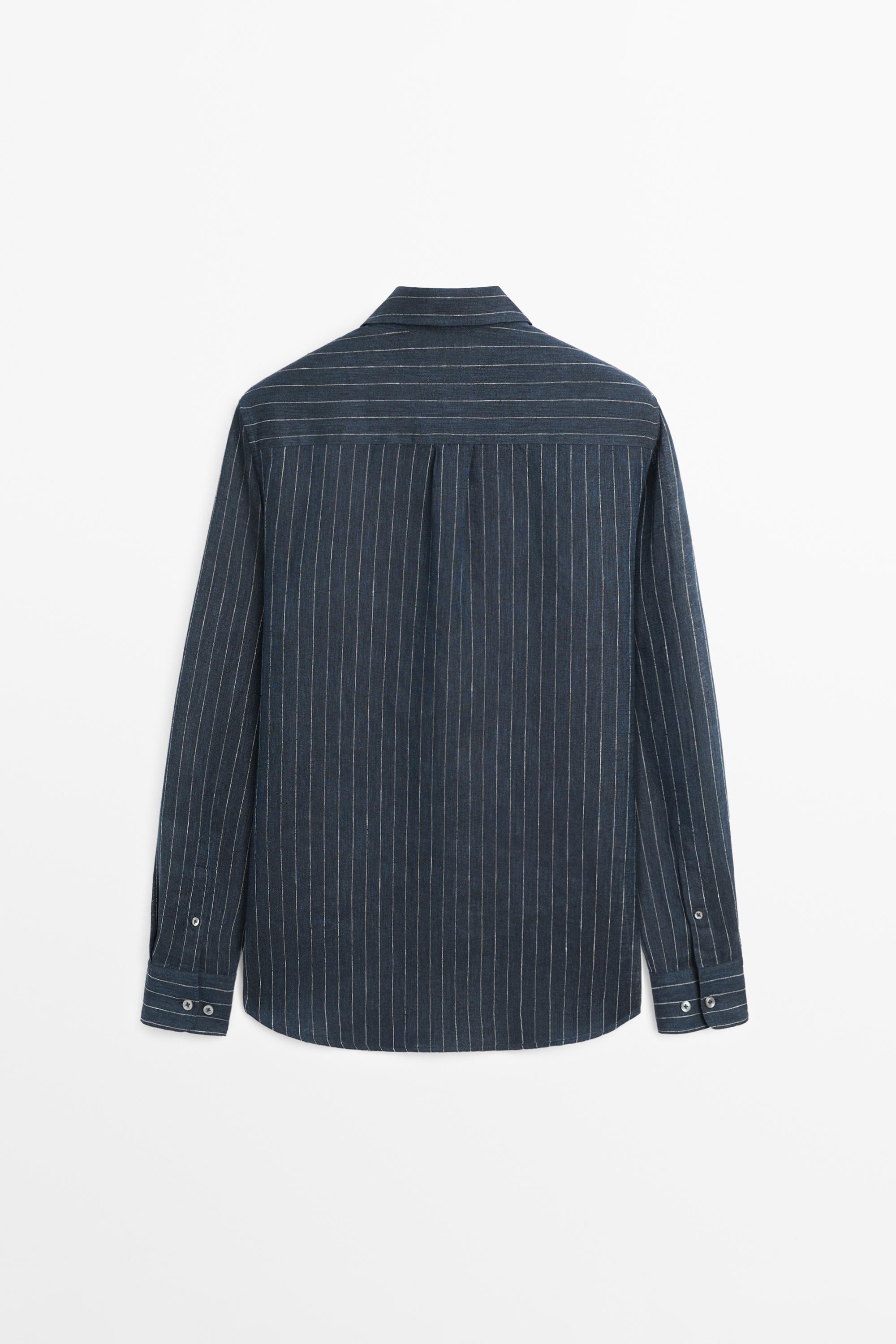 Regular fit striped linen shirt — NAVY BLUE