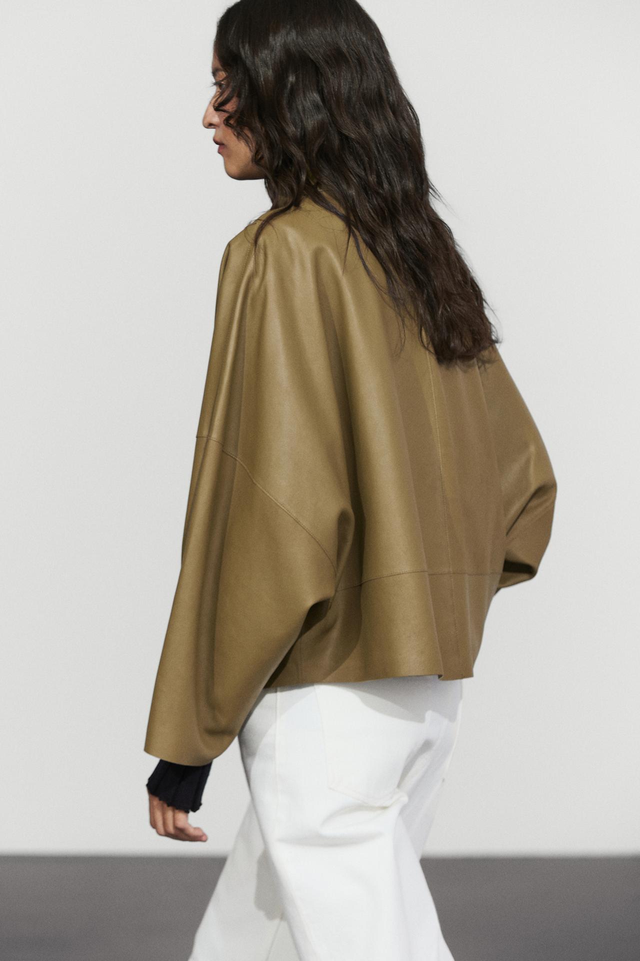 Stand collar nappa leather cropped jacket — KHAKI