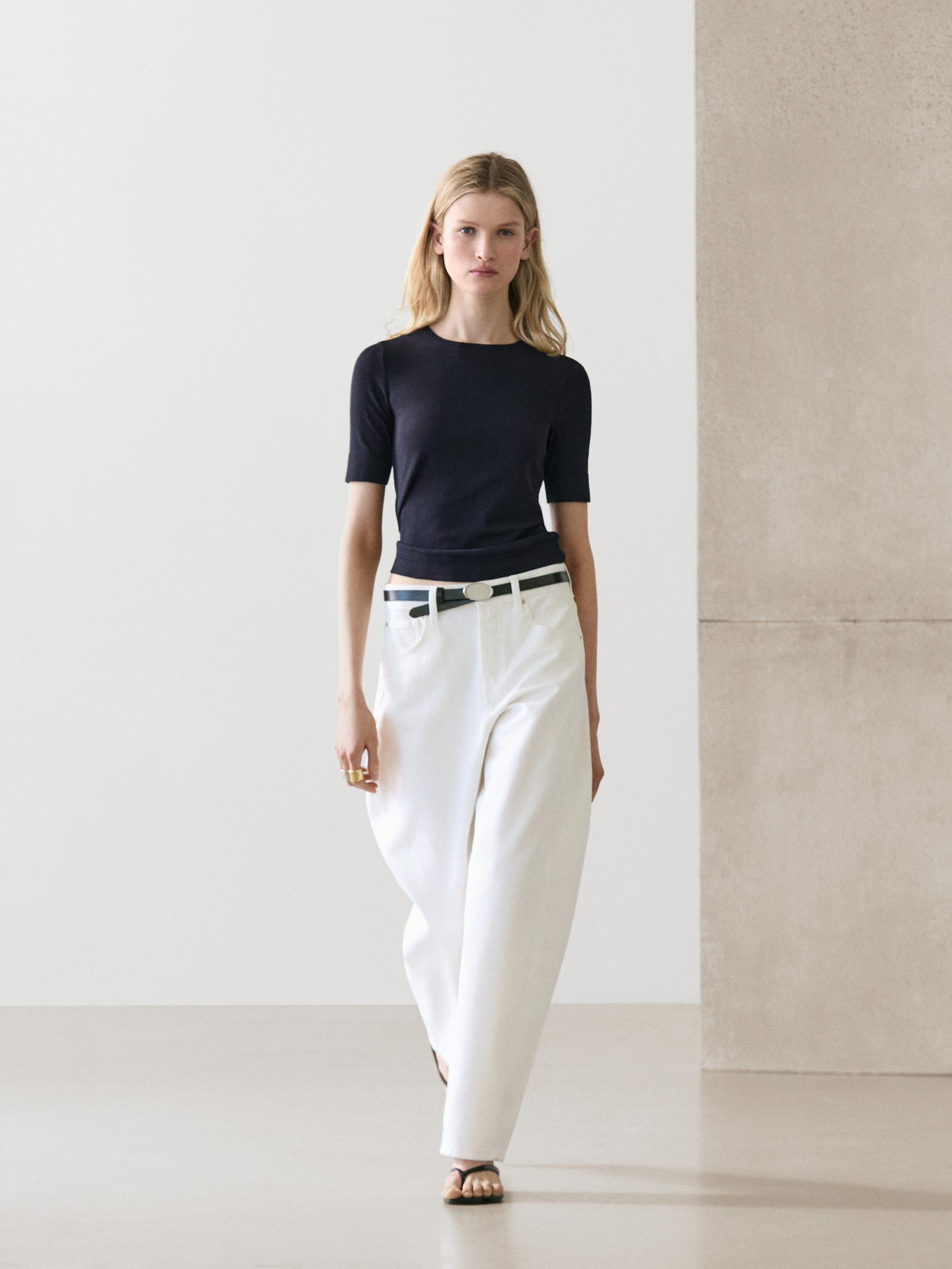 Camiseta Mezcla Algodón - Azul Marino - M - Massimo Dutti - Mujer