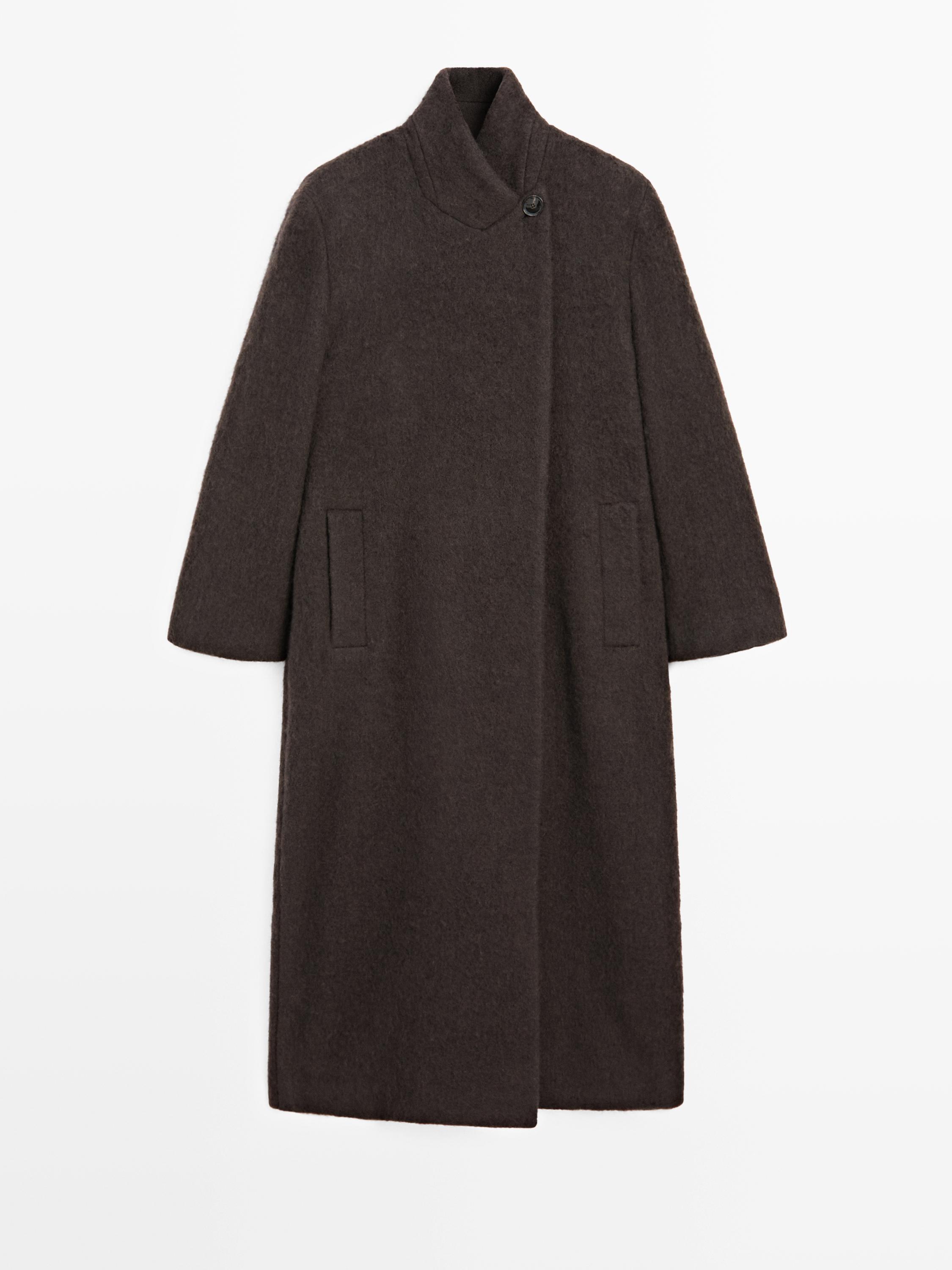 Long double-breasted coat with brushed finish