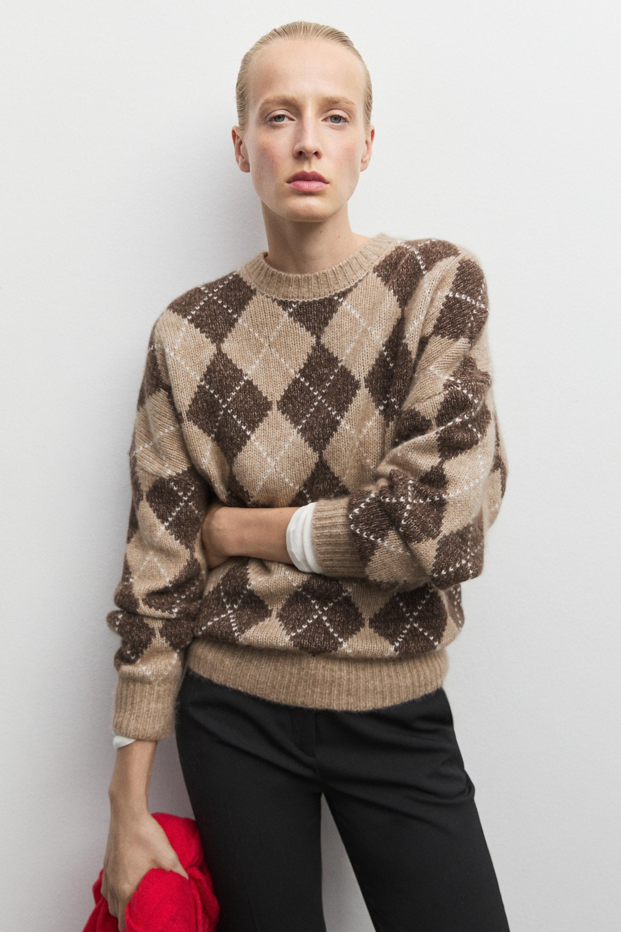 Argyle knit sweater with cashmere - BEIGE