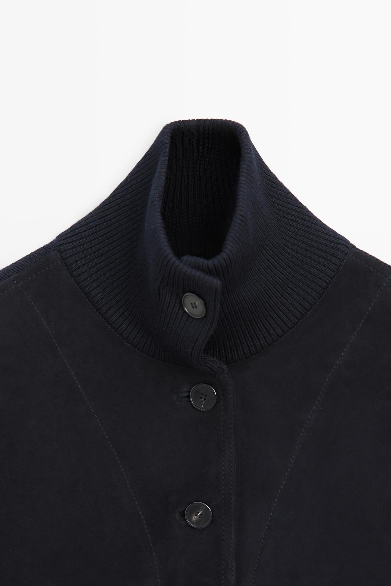 Contrast Suede leather jacket — NAVY BLUE
