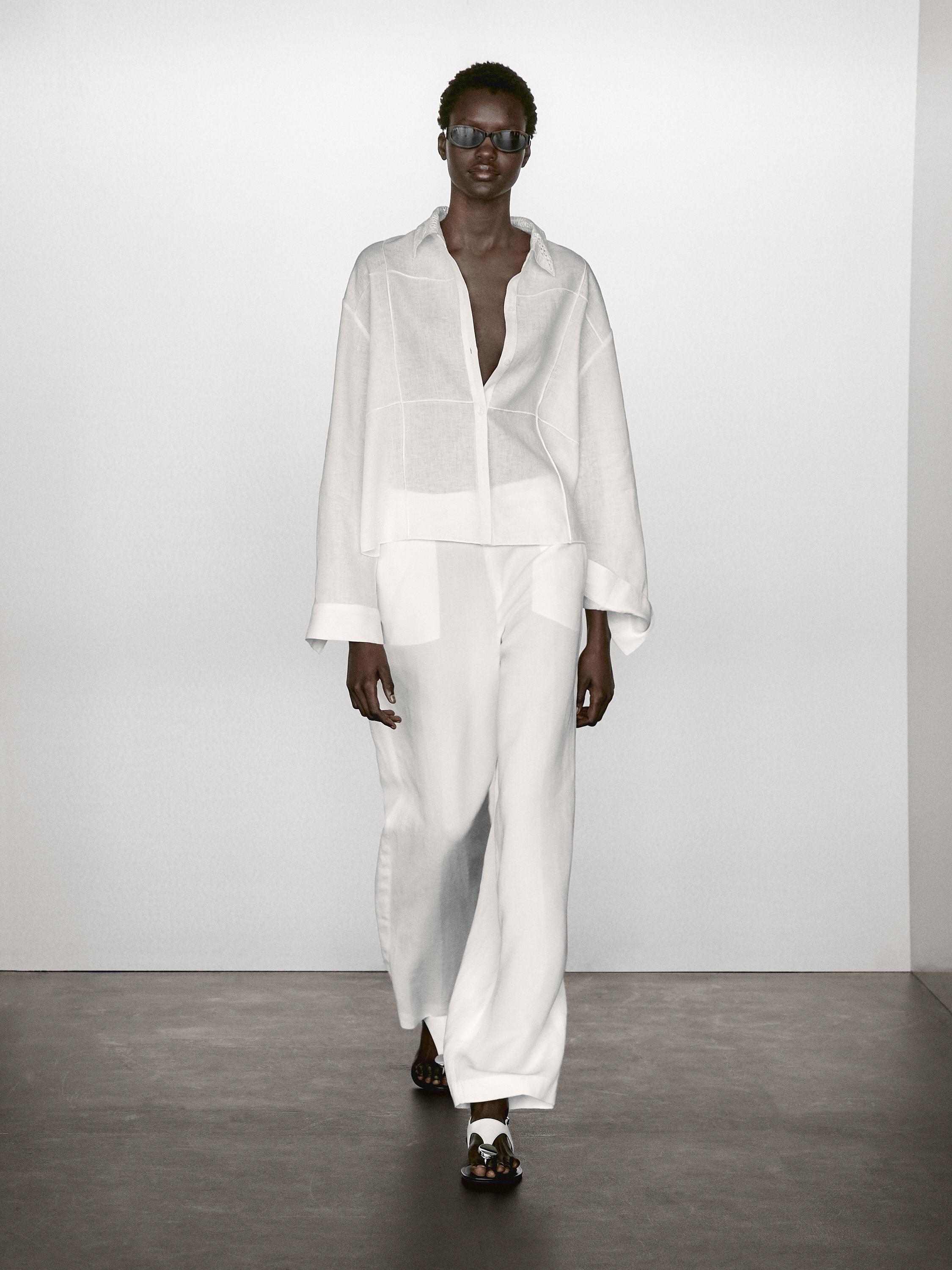 100% linen shirt with embroidered detail · White · Shirts