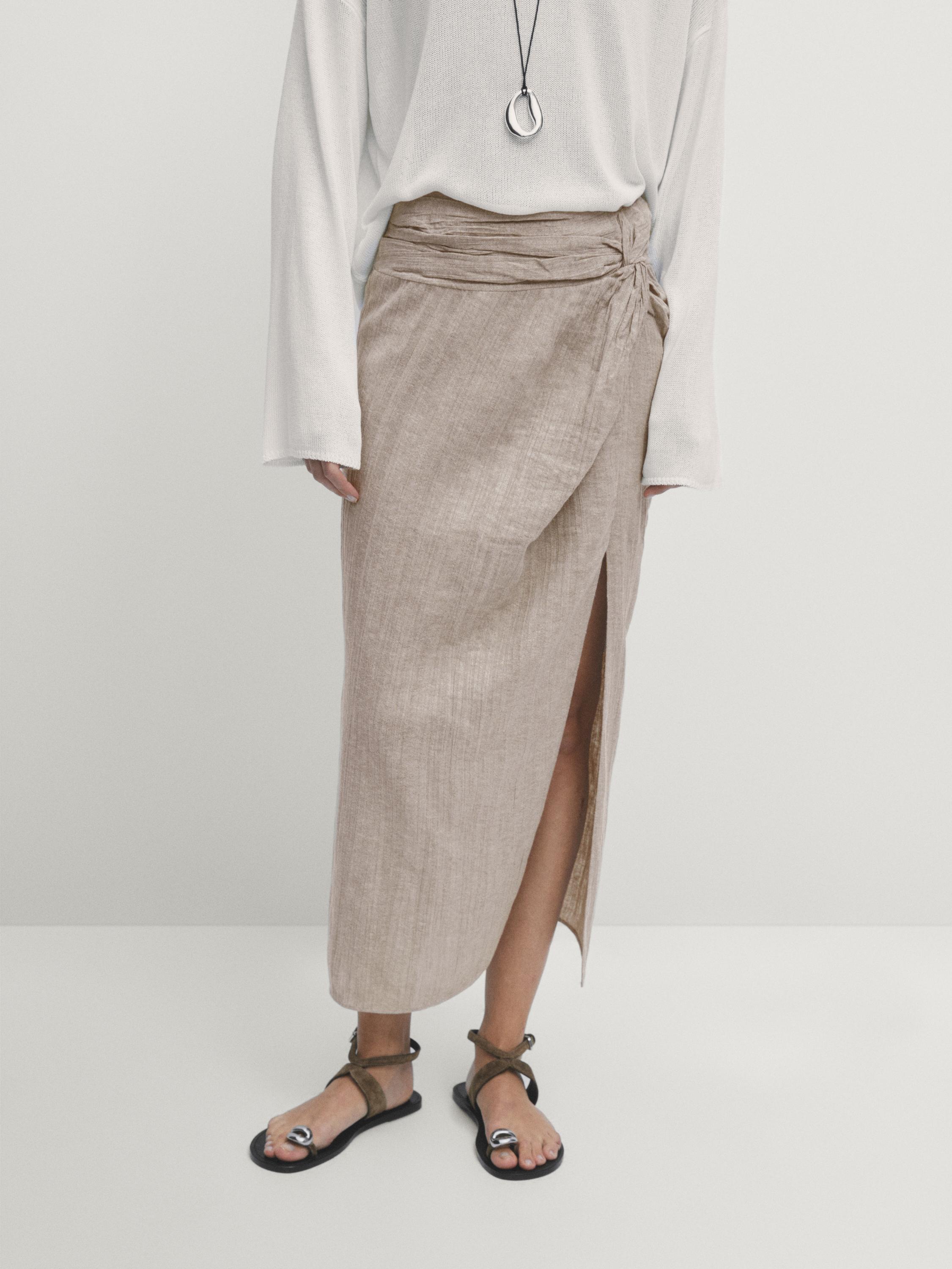 Linen blend midi skirt with slit detail