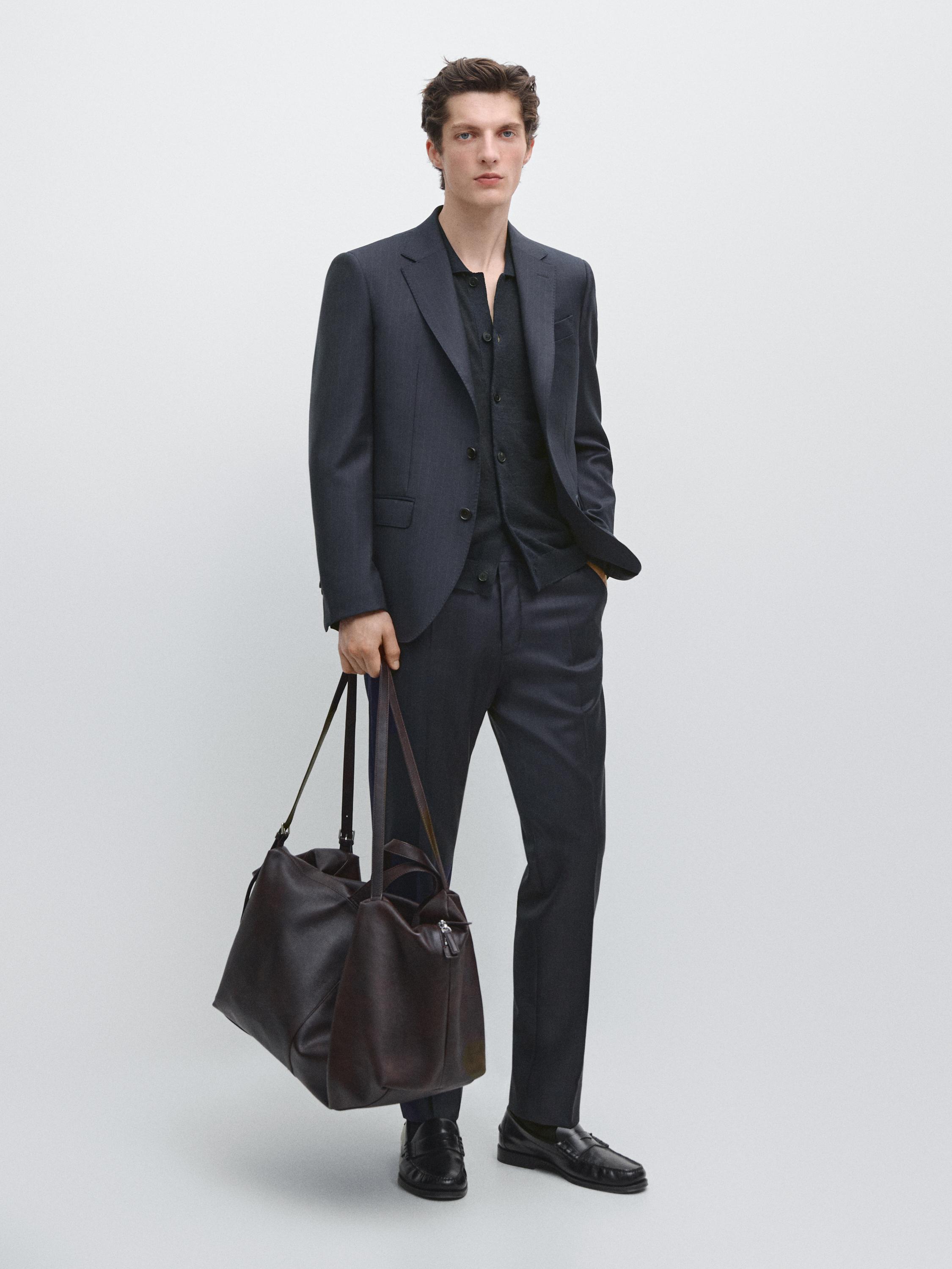 100% cool wool striped suit blazer — NAVY BLUE