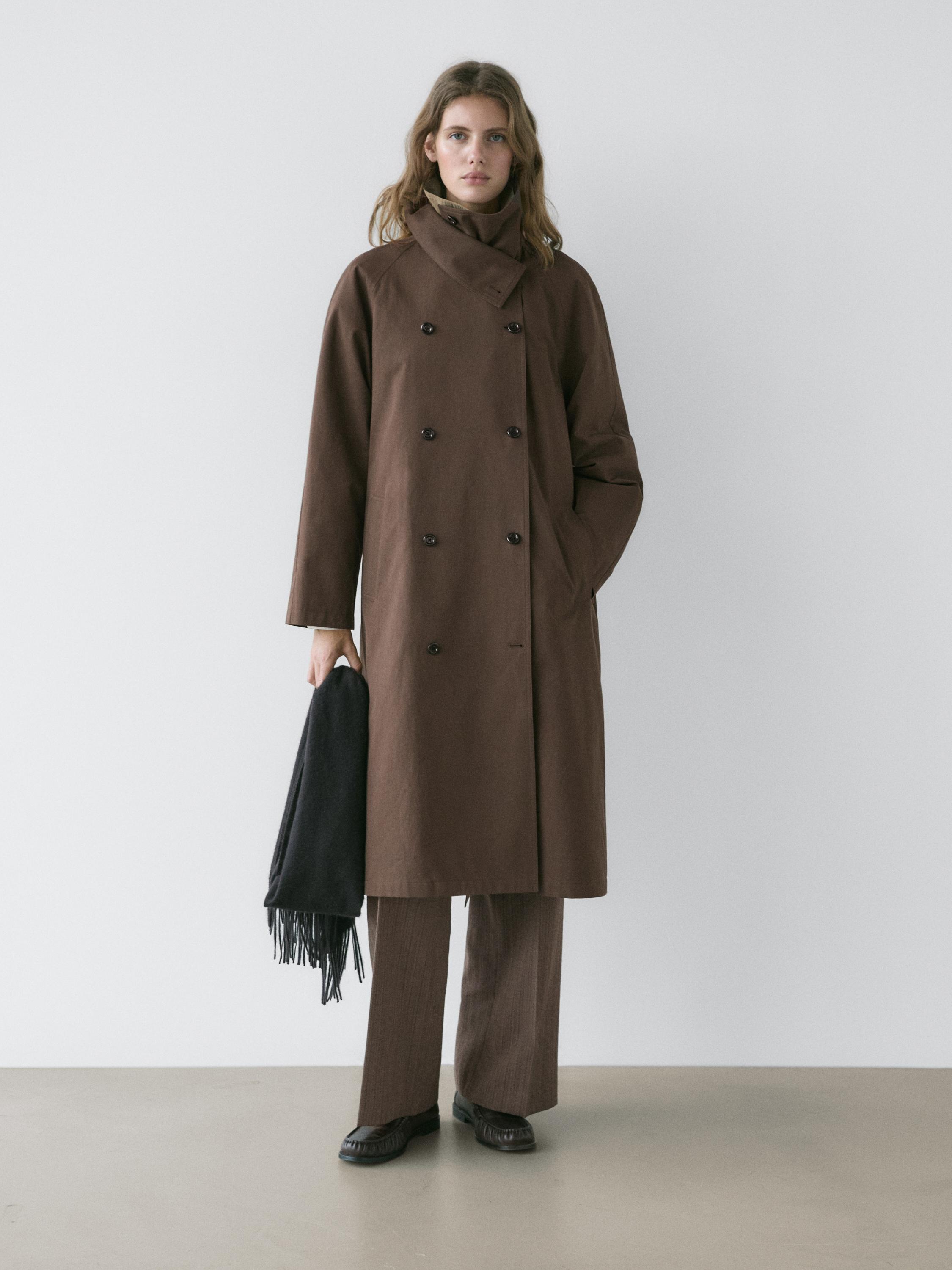 High collar trench coat — BROWN
