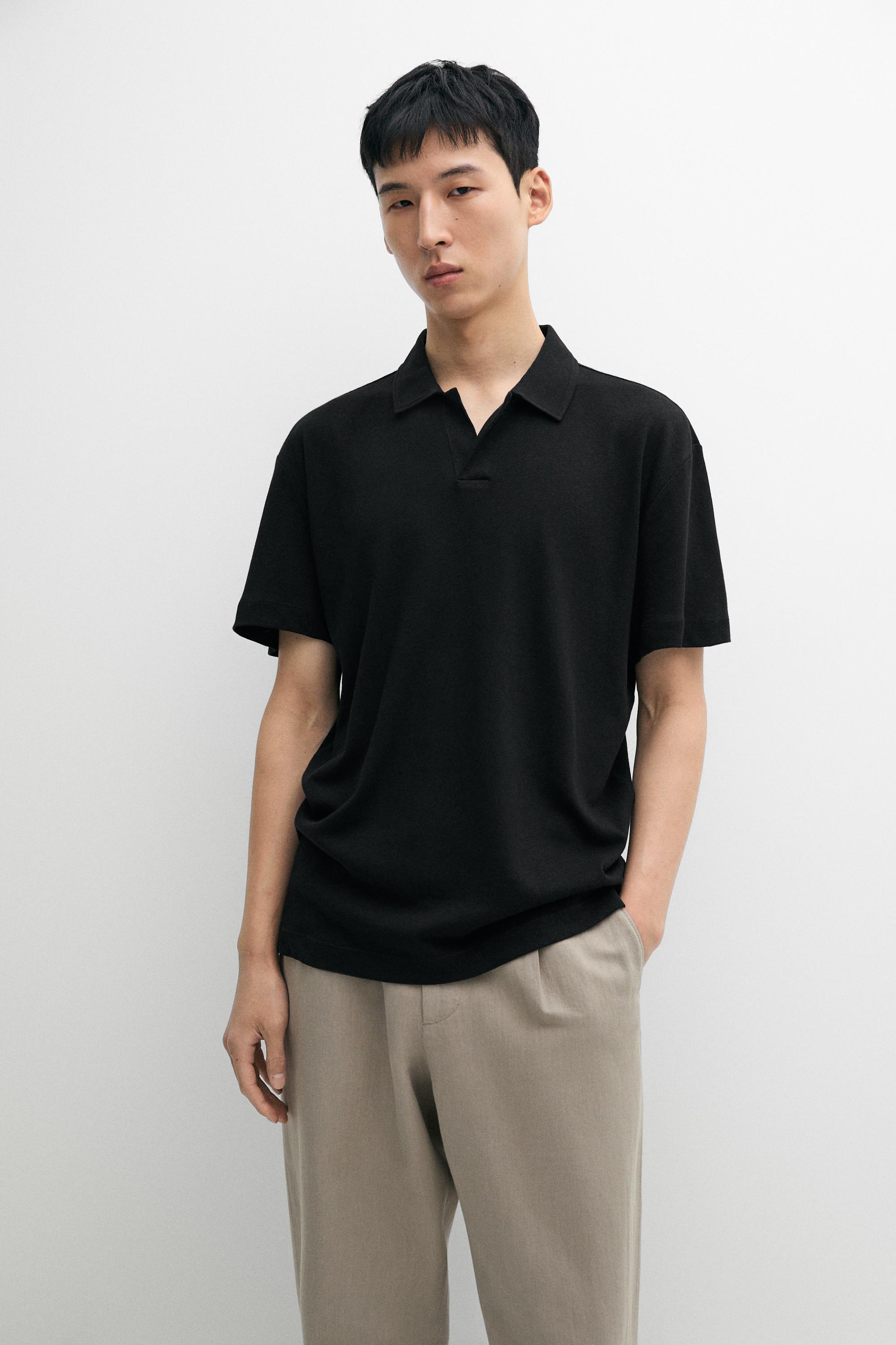 Polo de manga curta de linho e algodão