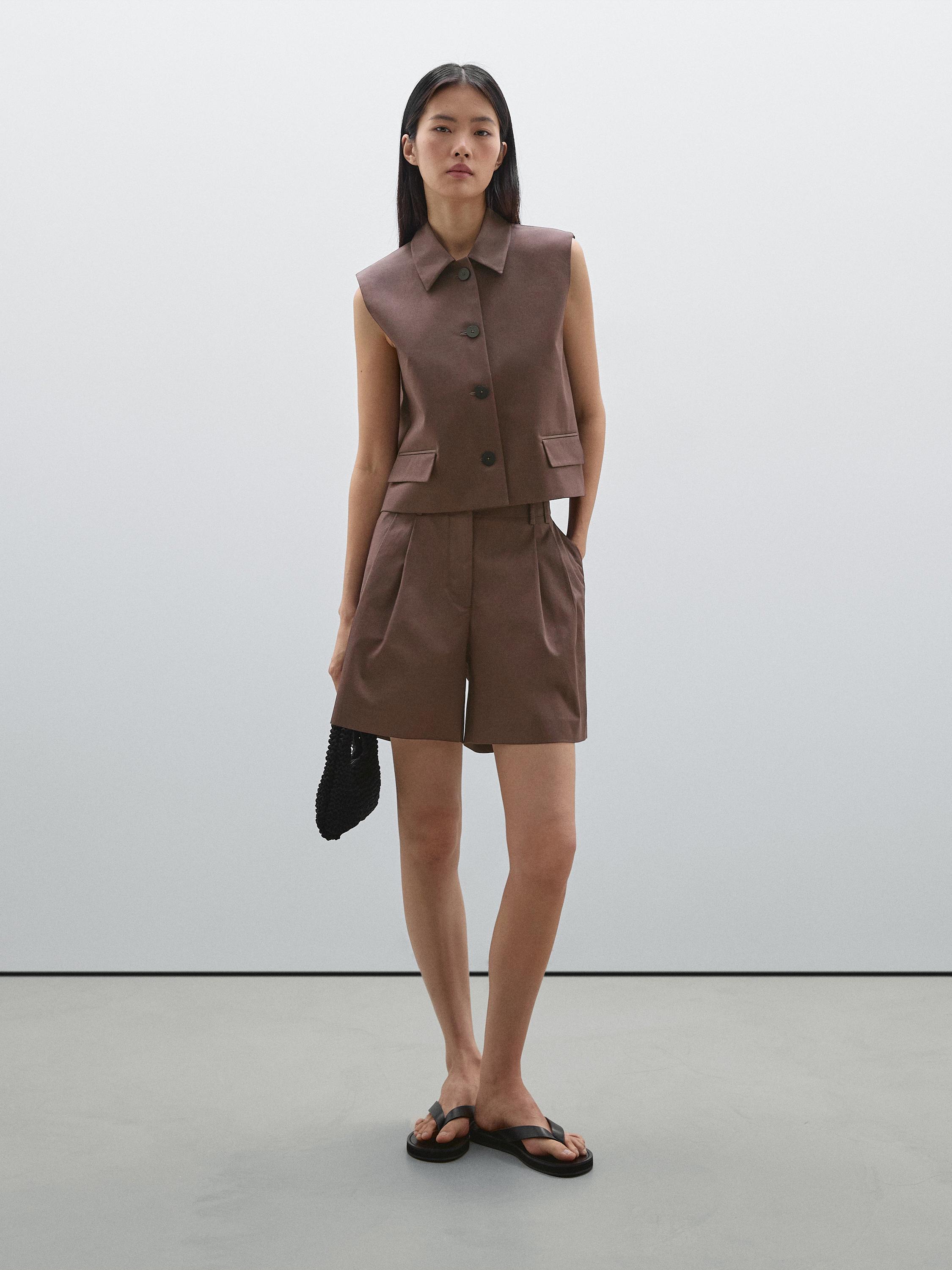 핀턱 디테일 코튼 블렌드 버뮤다 팬츠