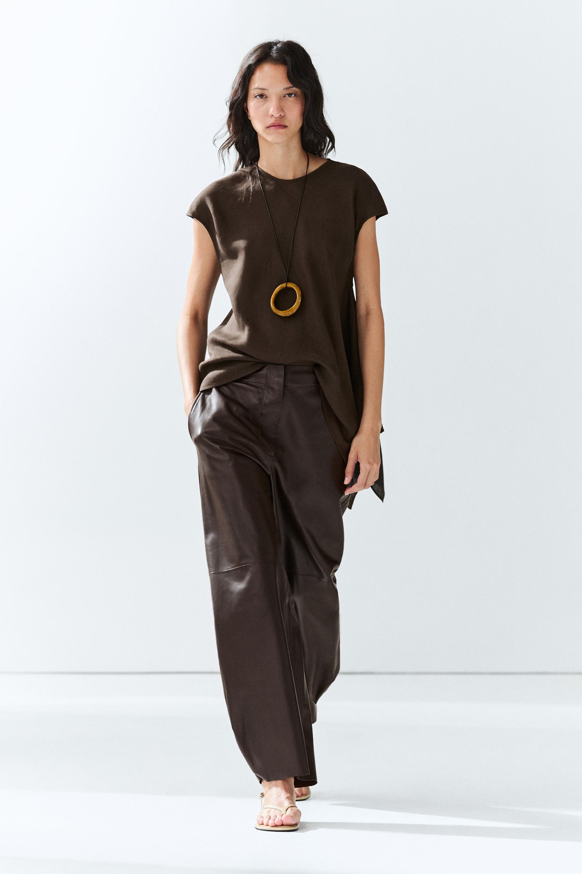 Leather barrel fit pants — BROWN