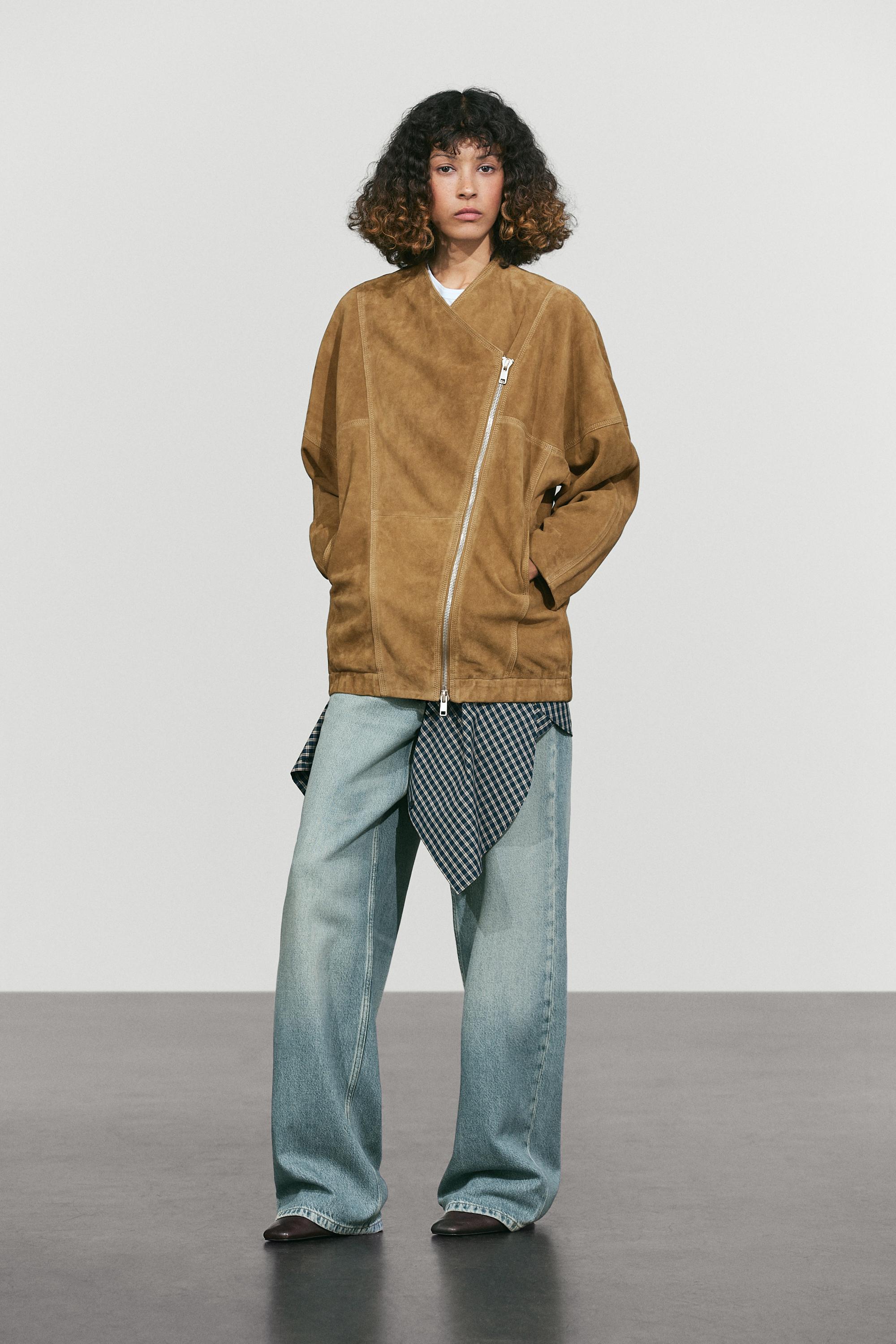 Asymmetrical suede leather zip-up jacket — Washed