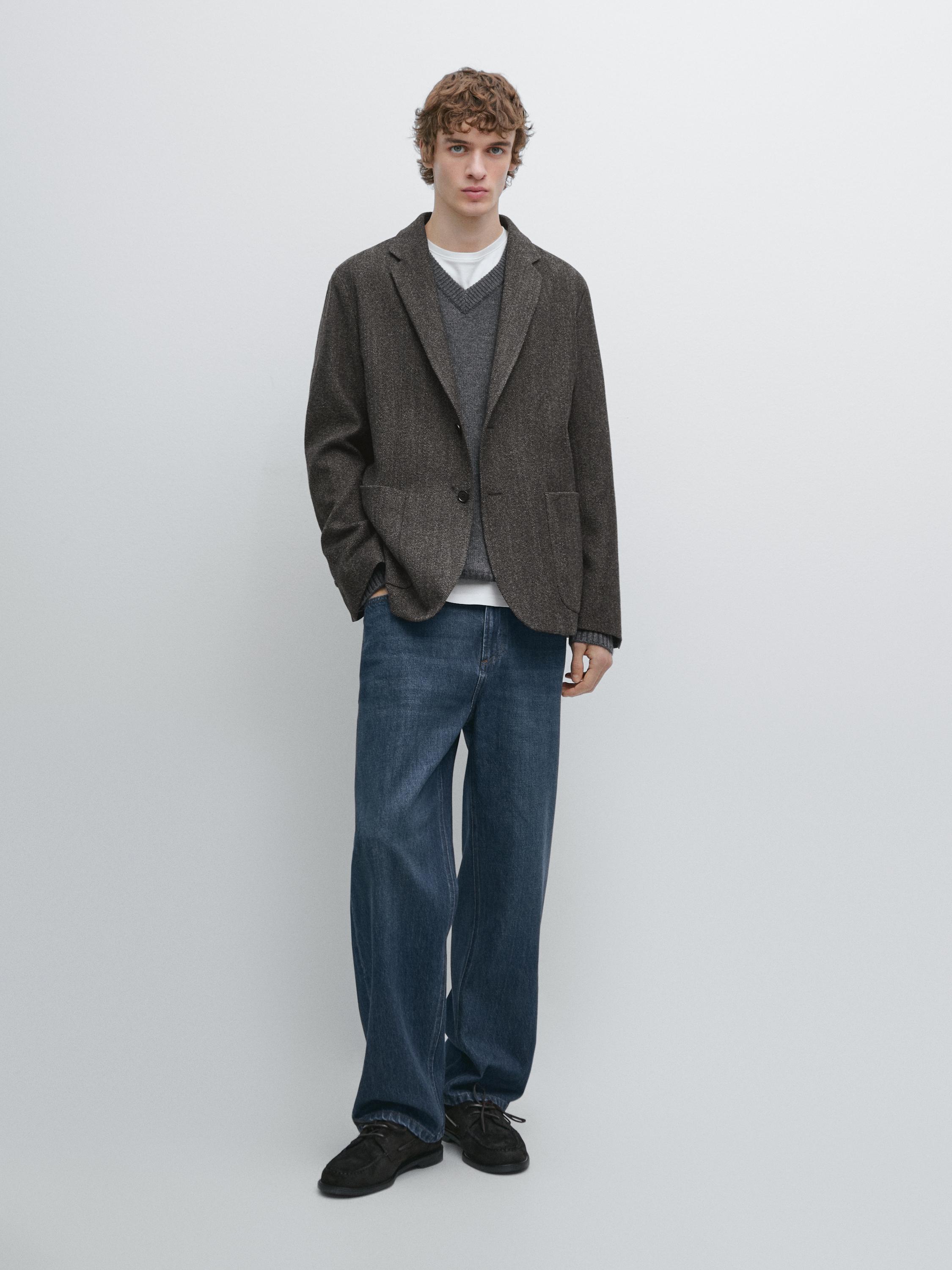 Herringbone wool blend blazer — CHARCOAL