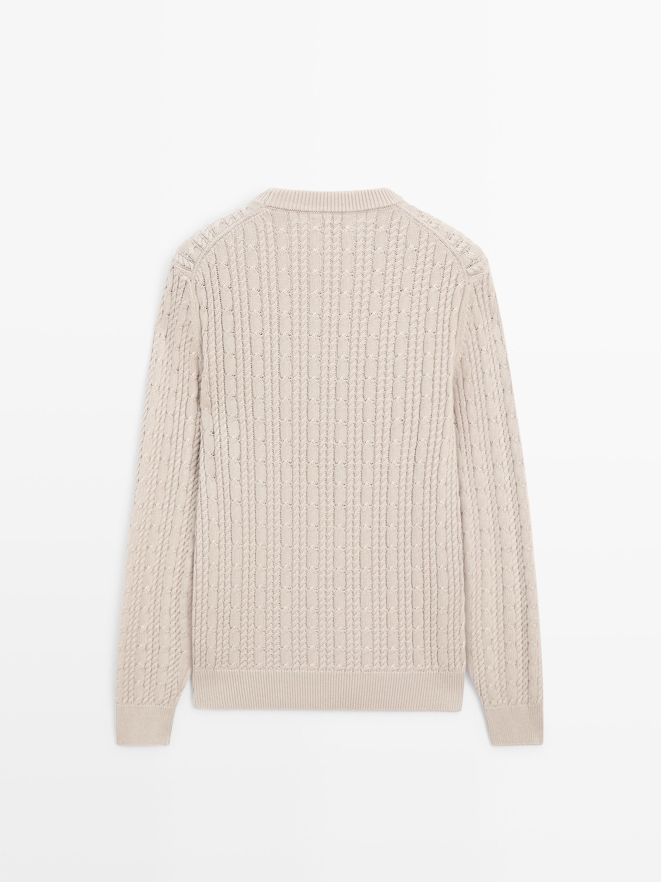 Cable-knit 100% cotton sweater with crew neck — STONE