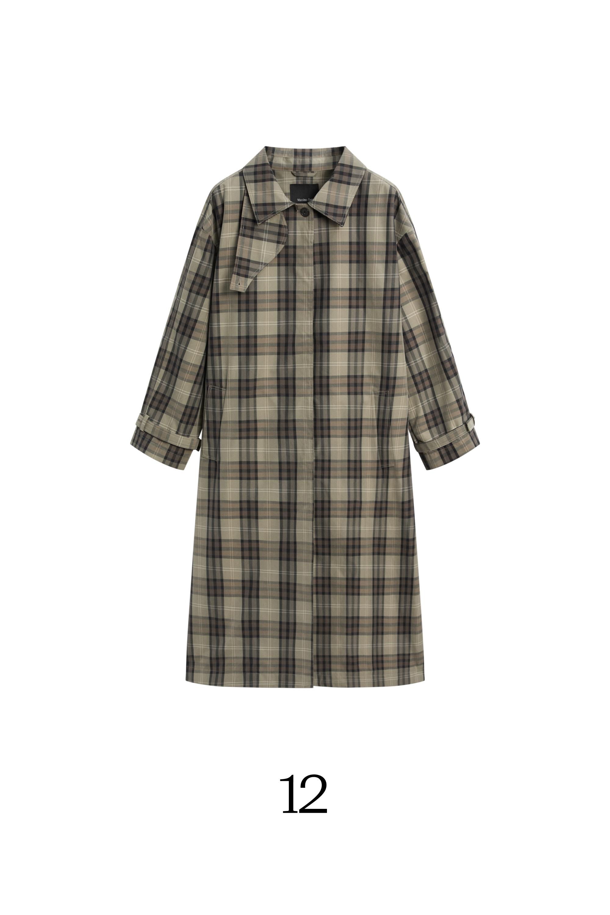 Long cotton blend plaid trench coat — Powder