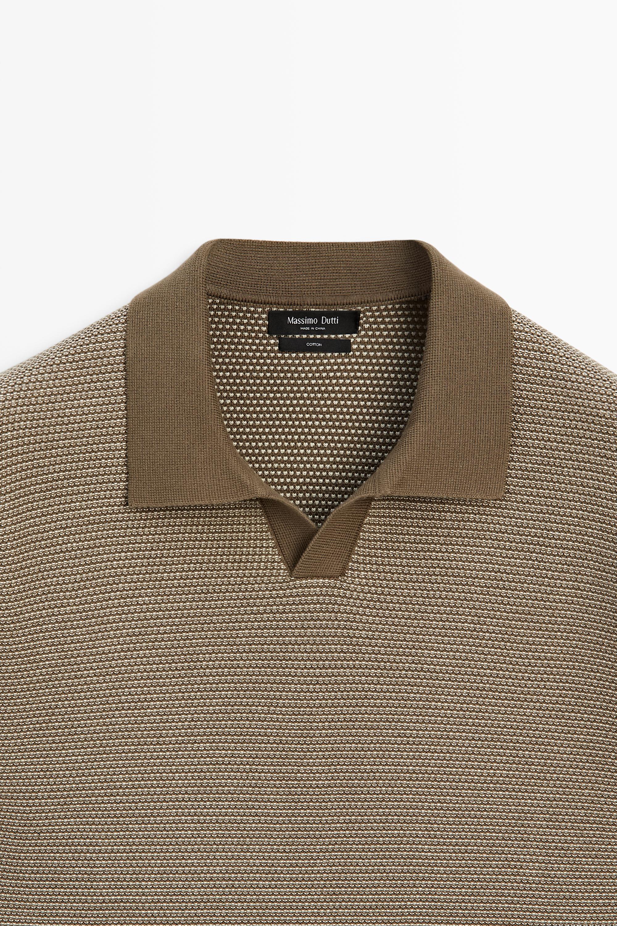 100% cotton contrast knit polo sweater — KHAKI