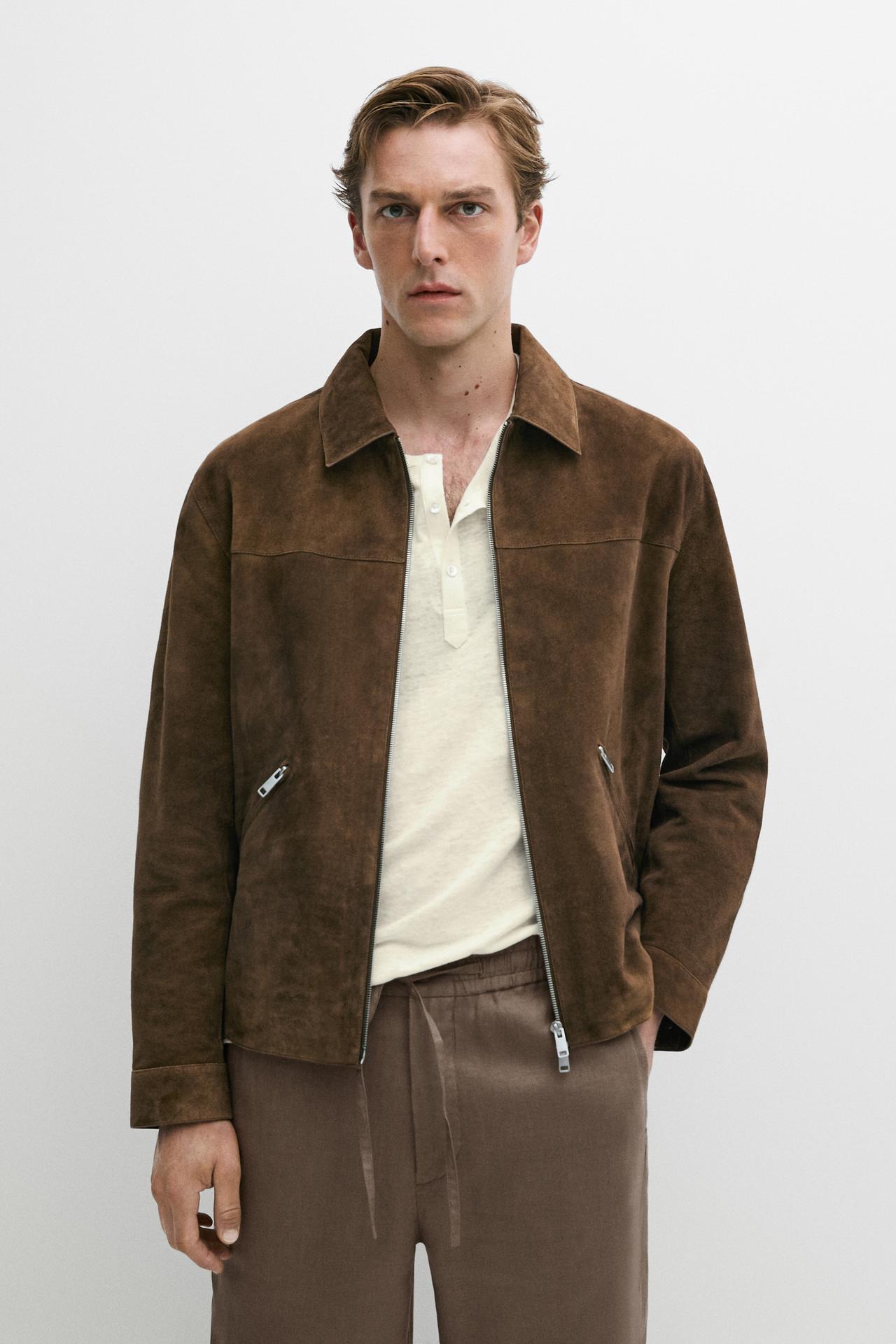 Suede zip-up jacket — BROWN MARL