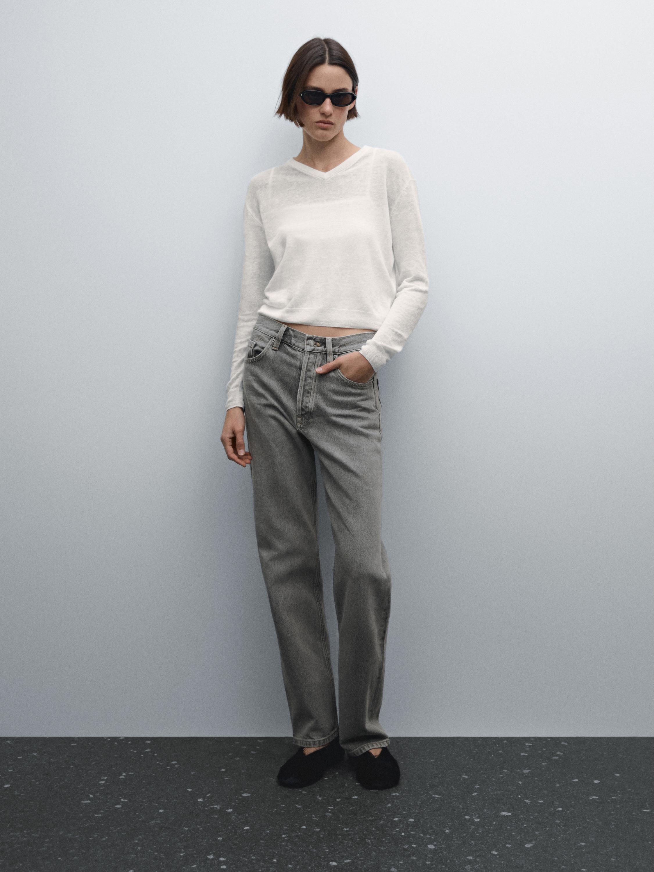 Jean straight taille haute en coton mélangé